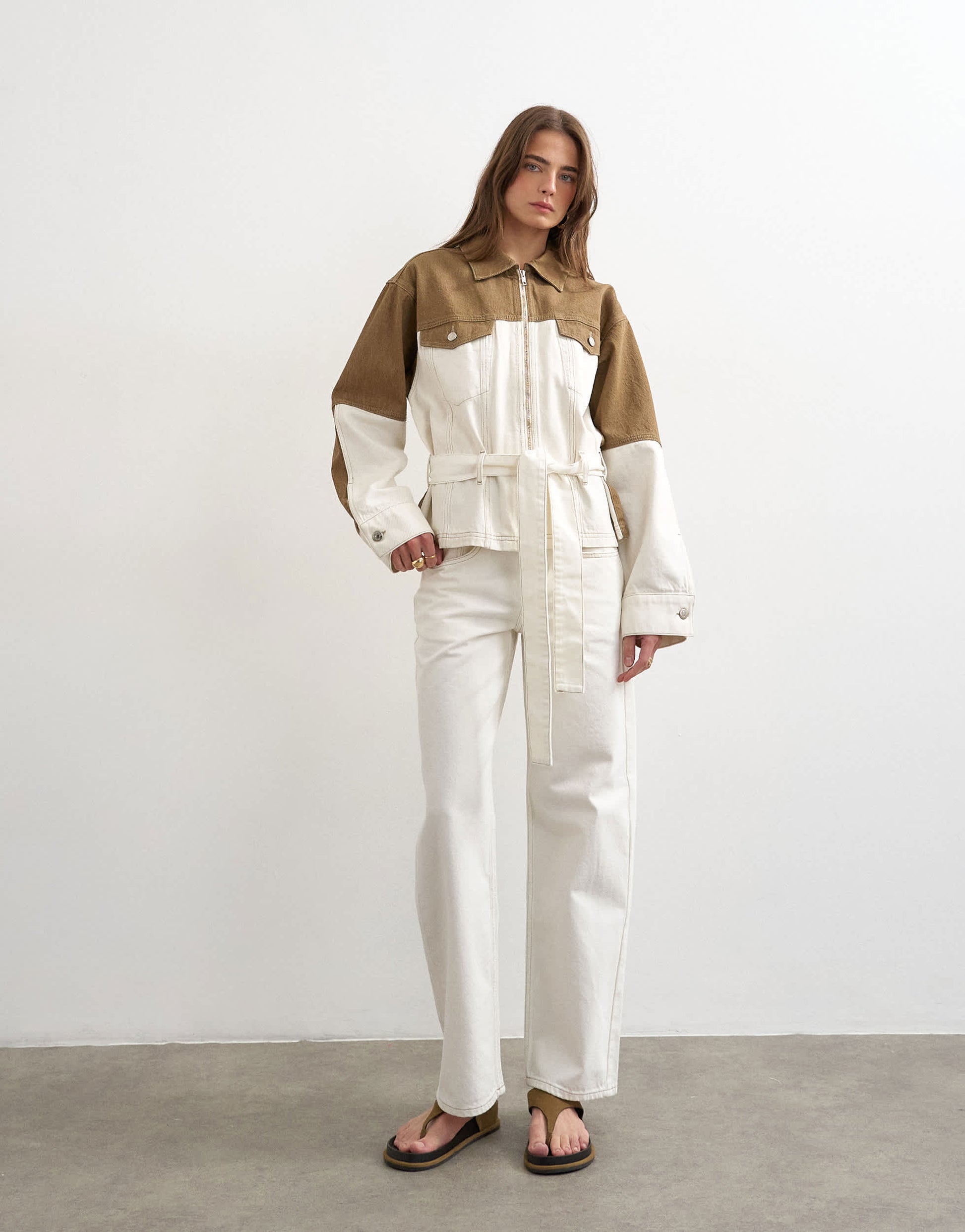 Topshop denim two-toned cinch jacket in ecru and brown