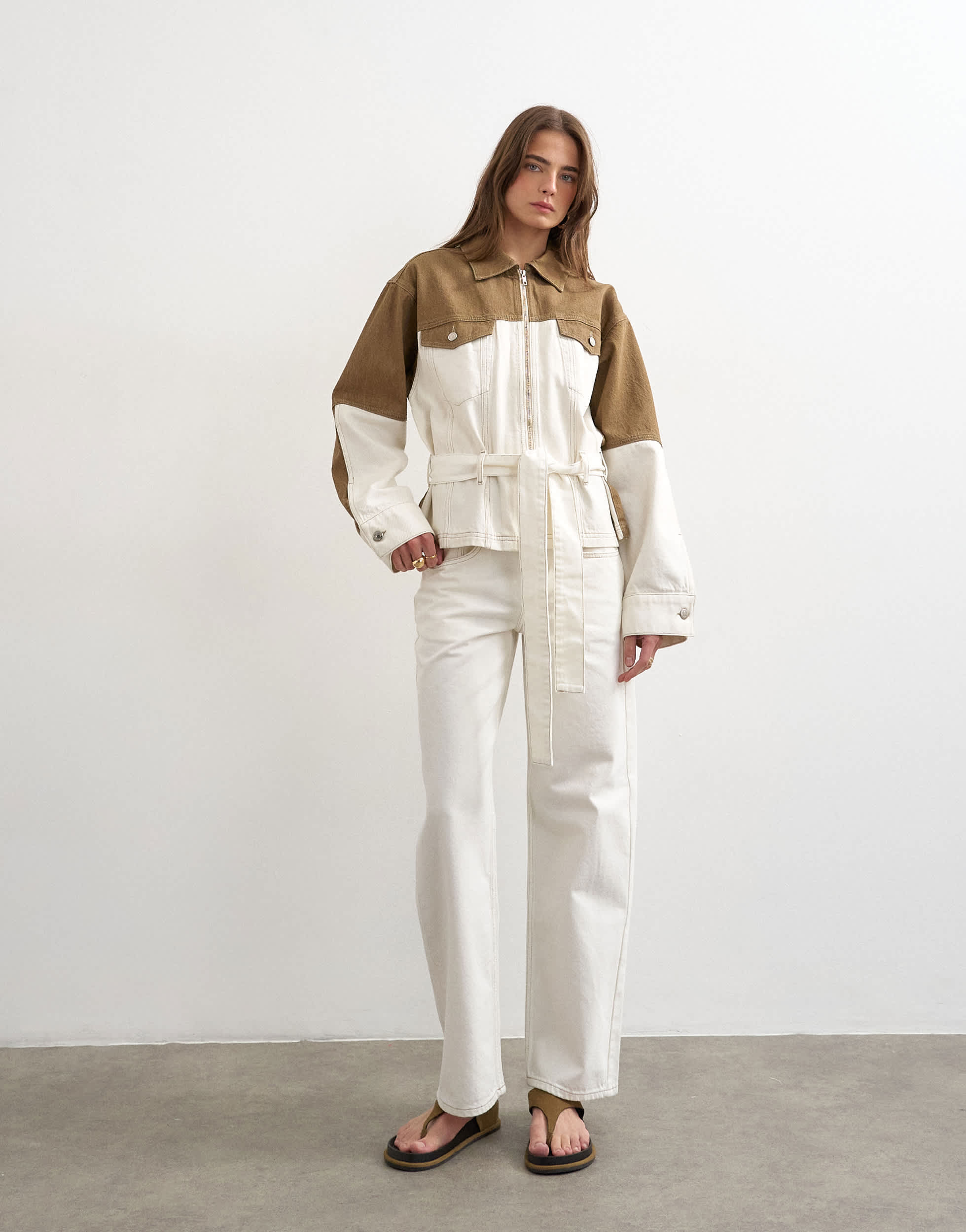 Topshop denim two-toned cinch jacket in ecru and brown