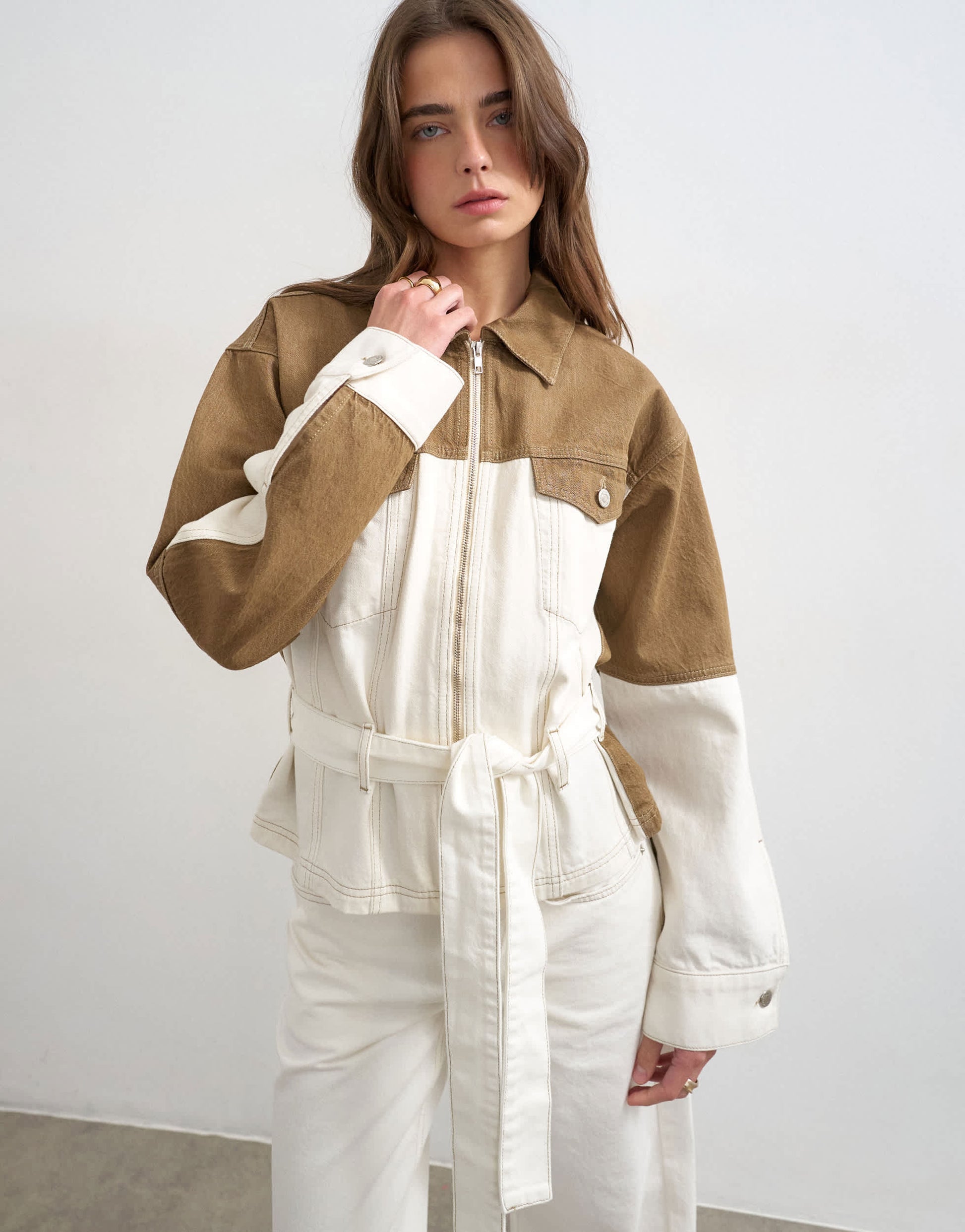 Topshop denim two-toned cinch jacket in ecru and brown