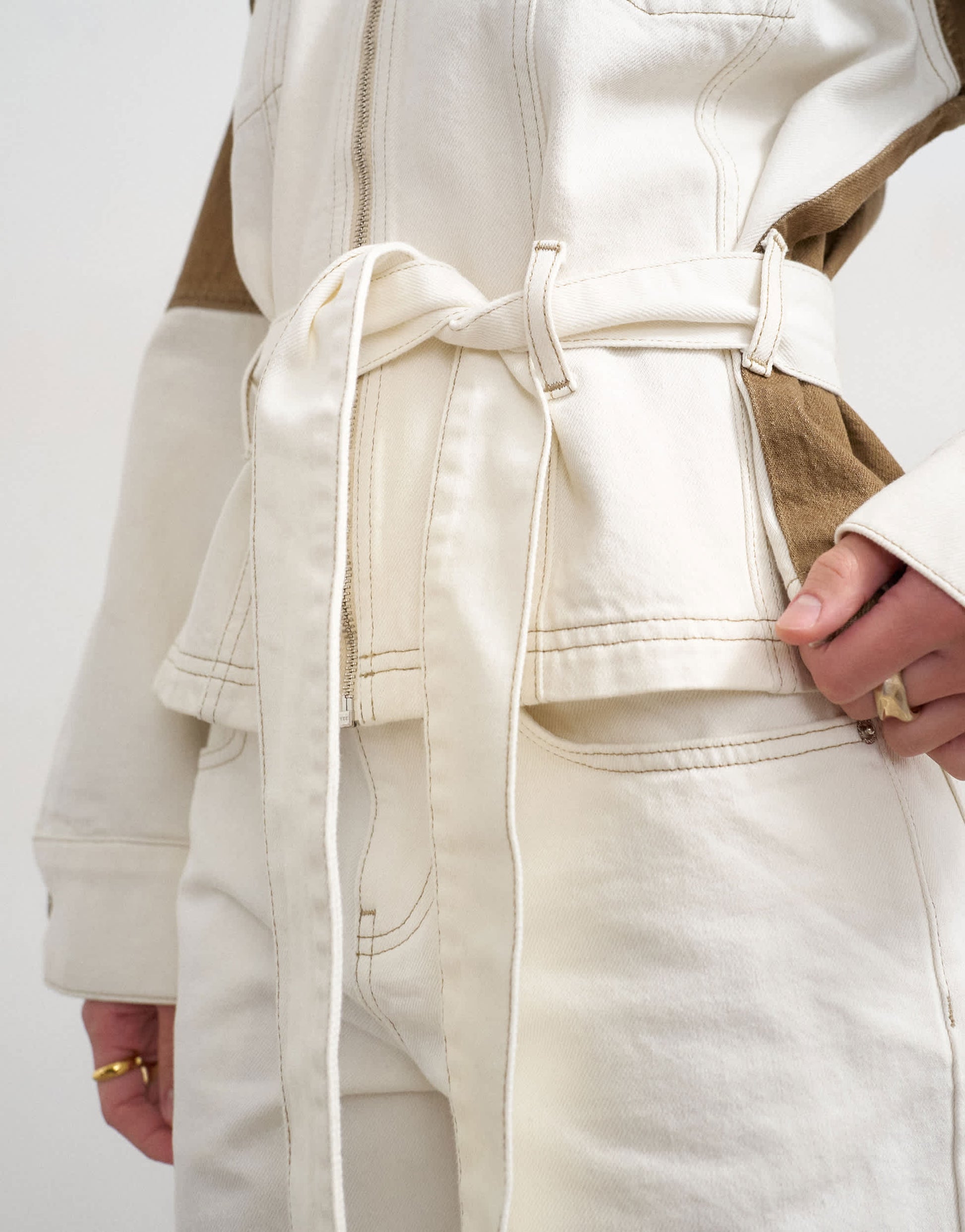 Topshop denim two-toned cinch jacket in ecru and brown