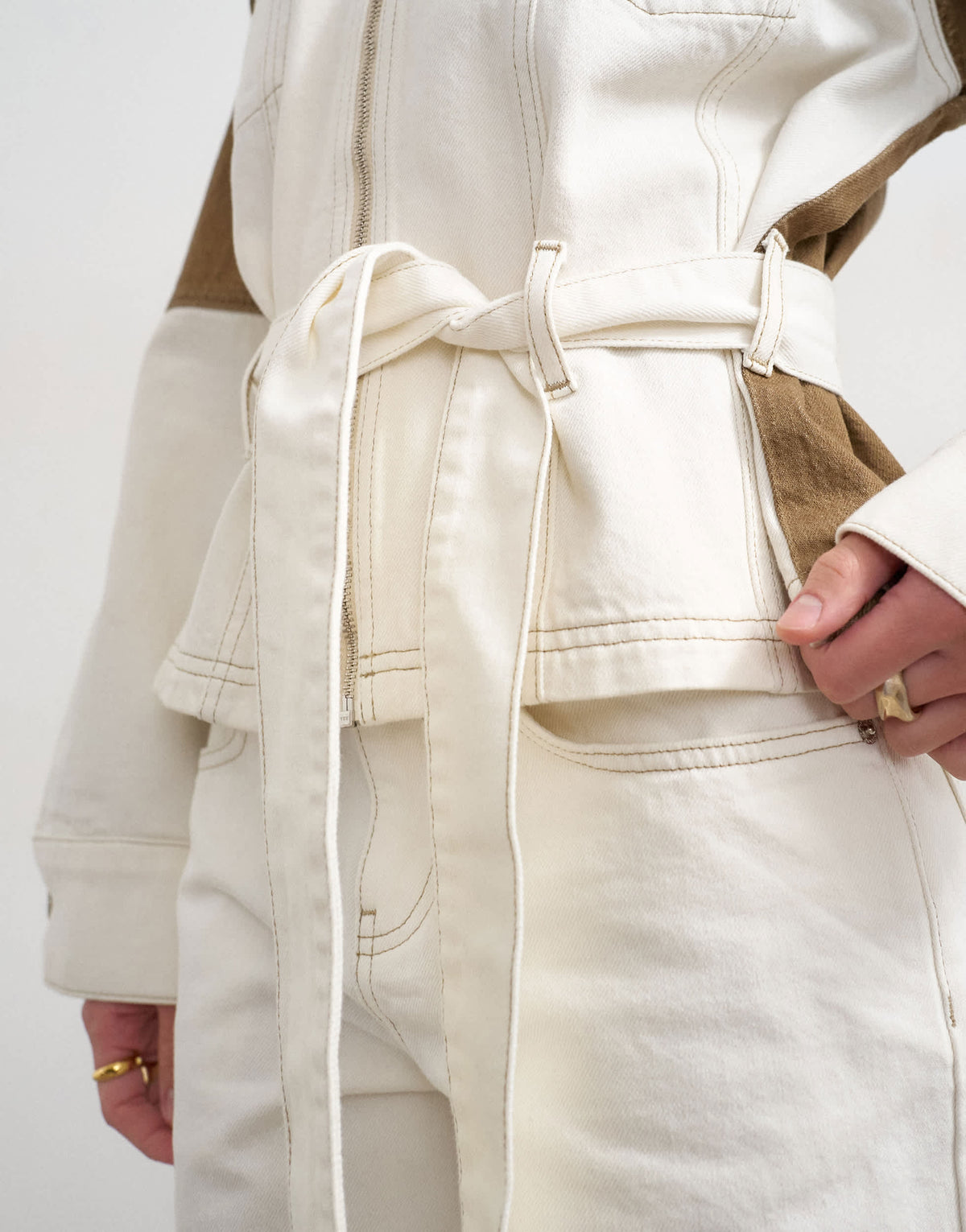 Topshop denim two-toned cinch jacket in ecru and brown