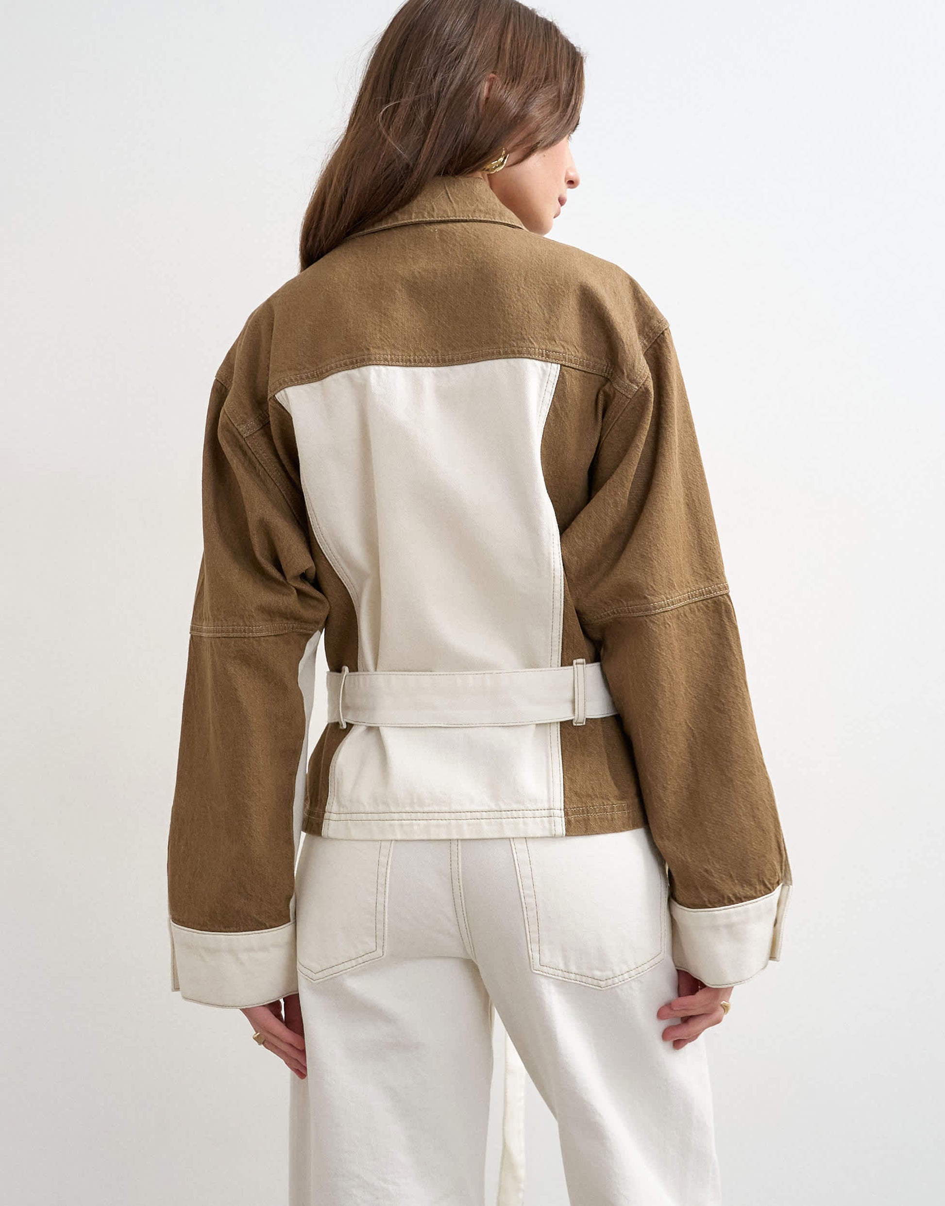 Topshop denim two-toned cinch jacket in ecru and brown
