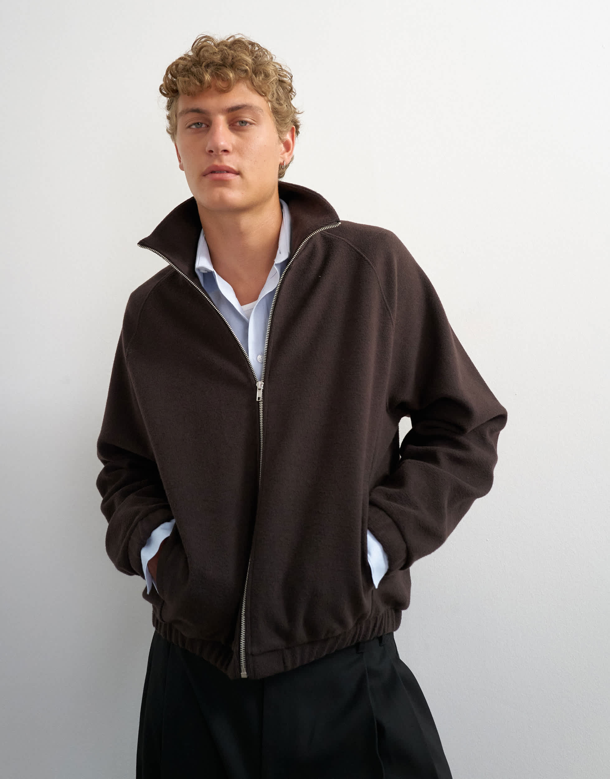 Topman relaxed fit crop 1/4 zip brushed funnel neck sweatshirt in brown