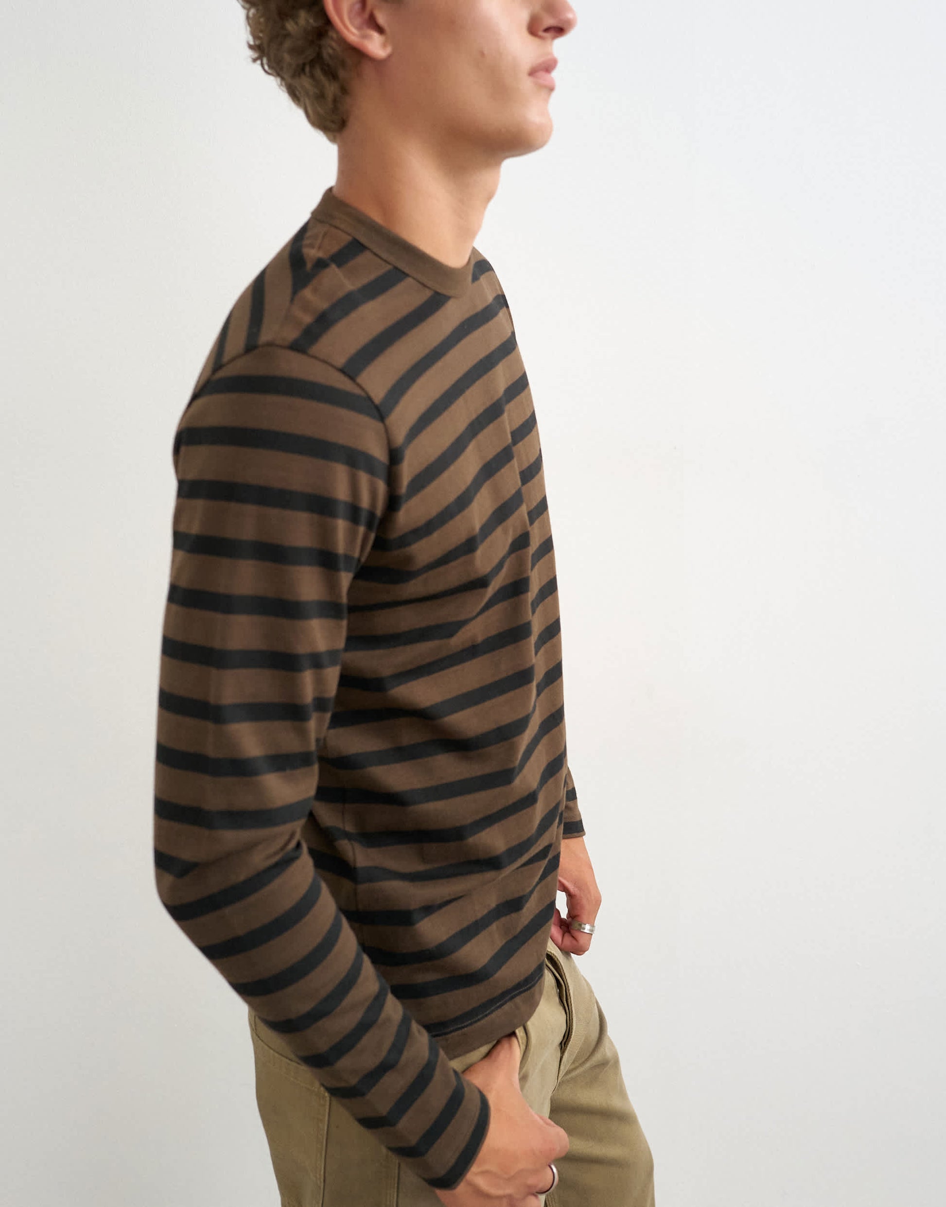 Topman classic fit long sleeve t-shirt with stripe in brown