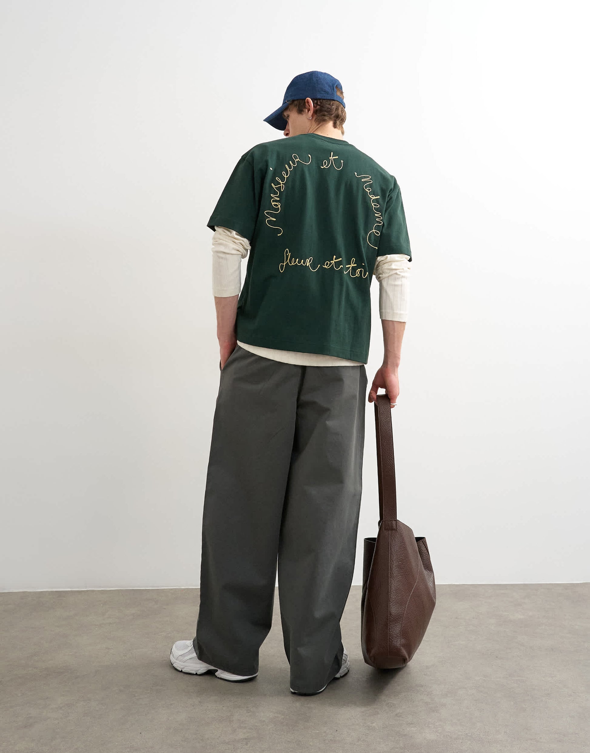 Topman relaxed fit t-shirt with monsieur front and back embroidery in dark green