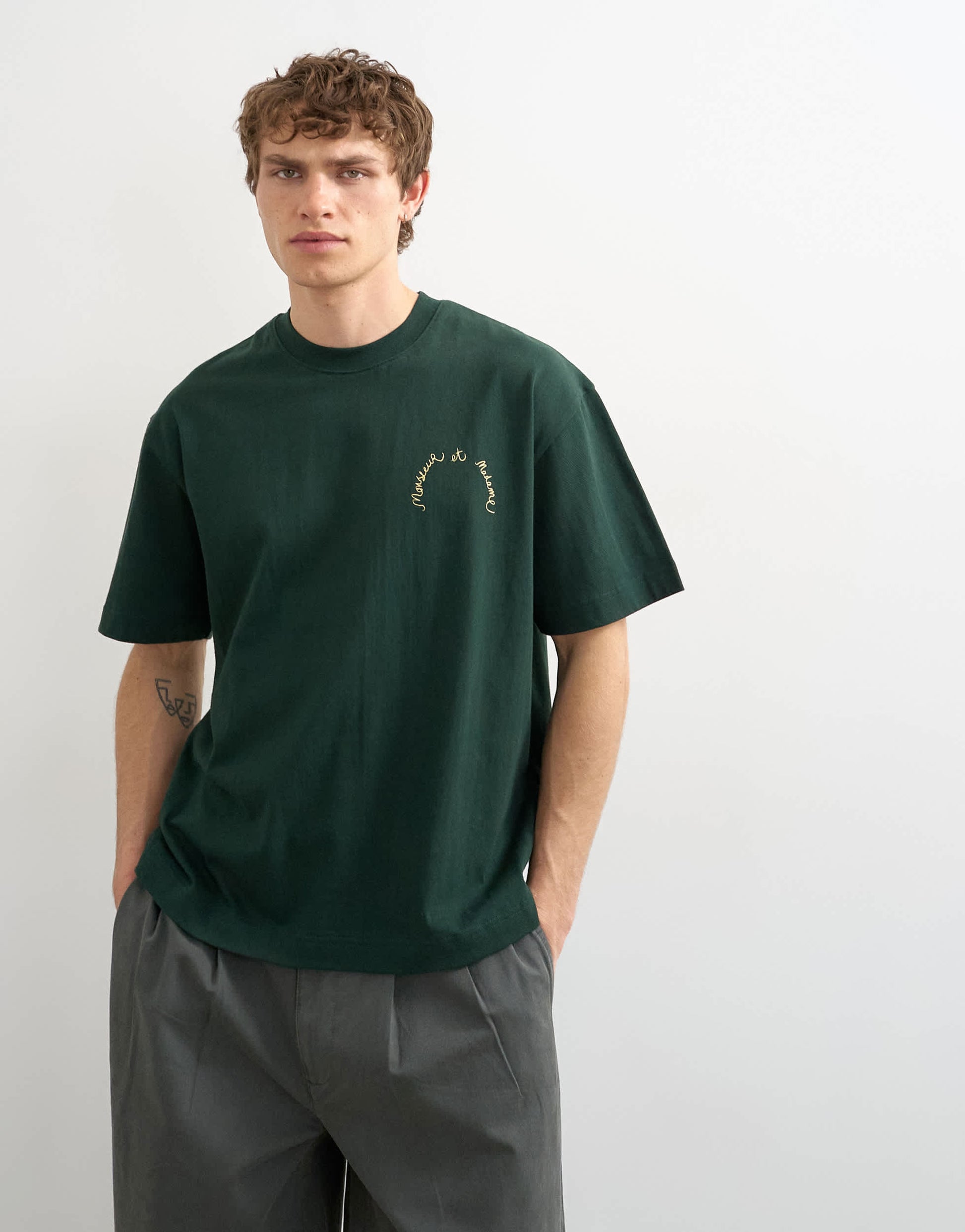 Topman relaxed fit t-shirt with monsieur front and back embroidery in dark green