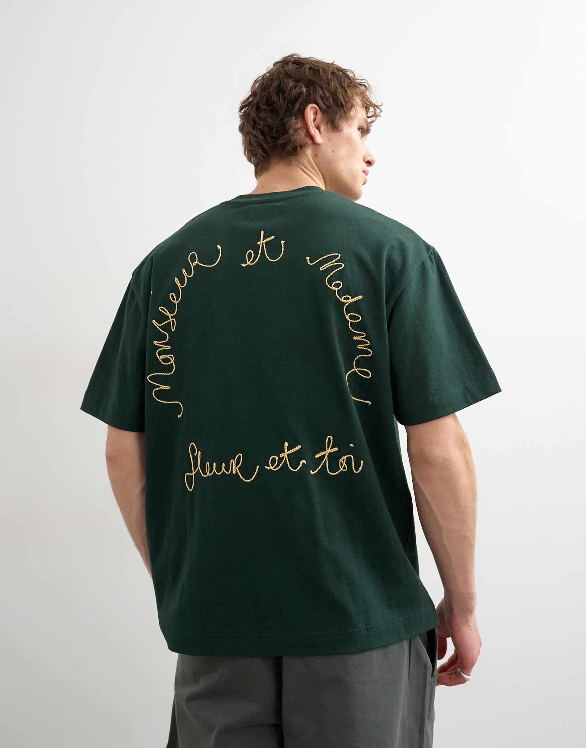 Topman relaxed fit t-shirt with monsieur front and back embroidery in dark green
