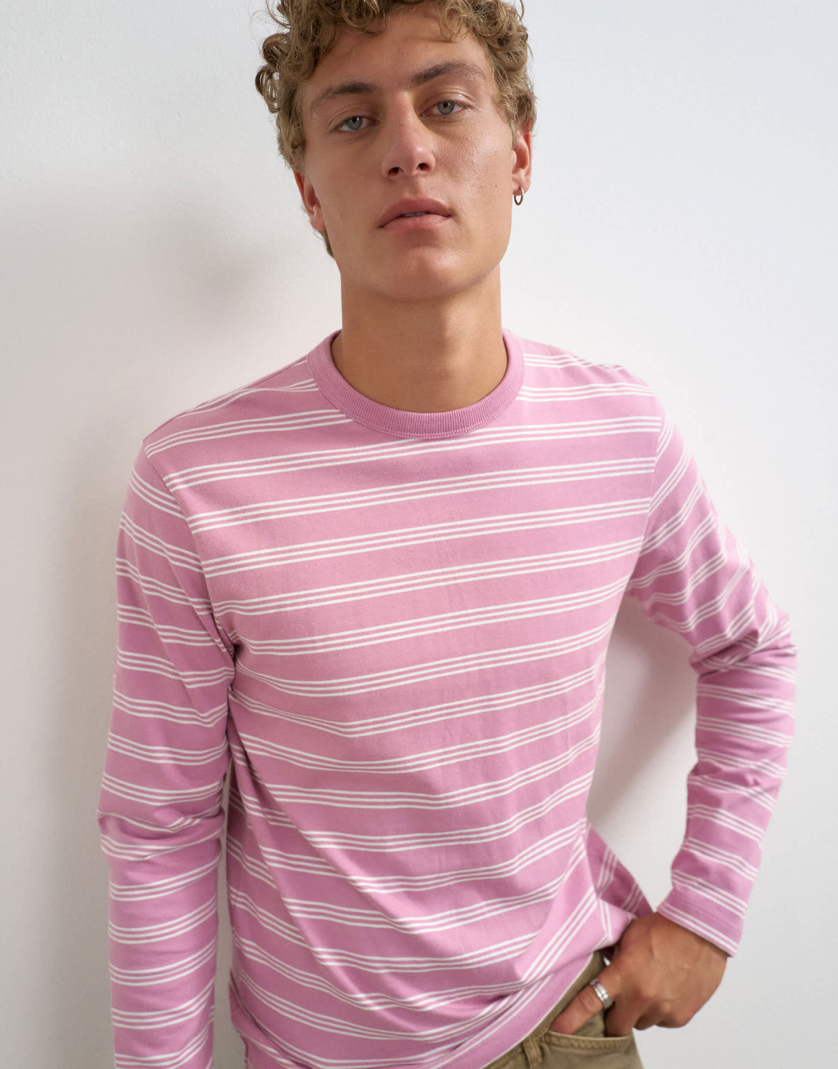 Topman classic fit long sleeve t-shirt with stripe in pink