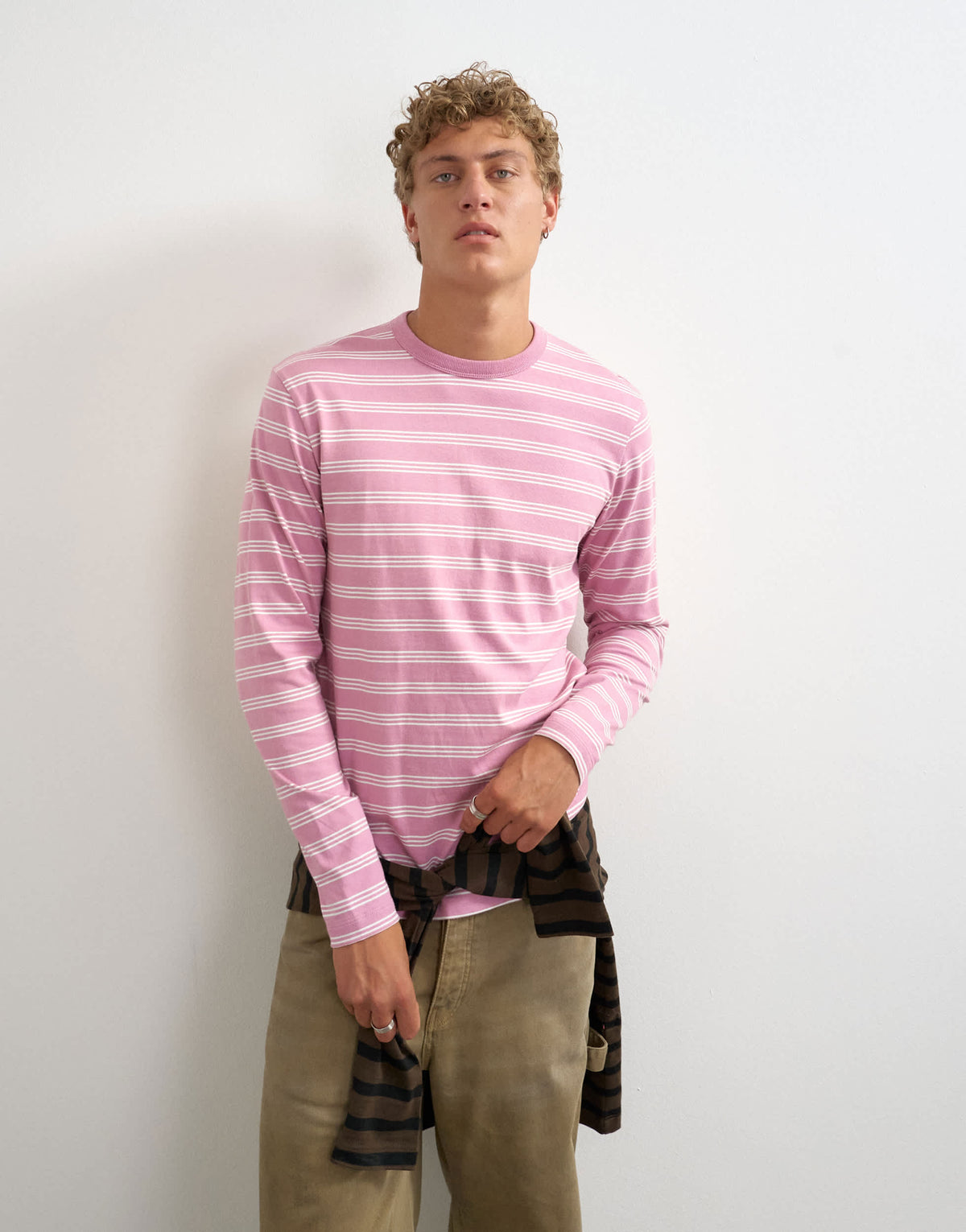 Topman classic fit long sleeve t-shirt with stripe in pink