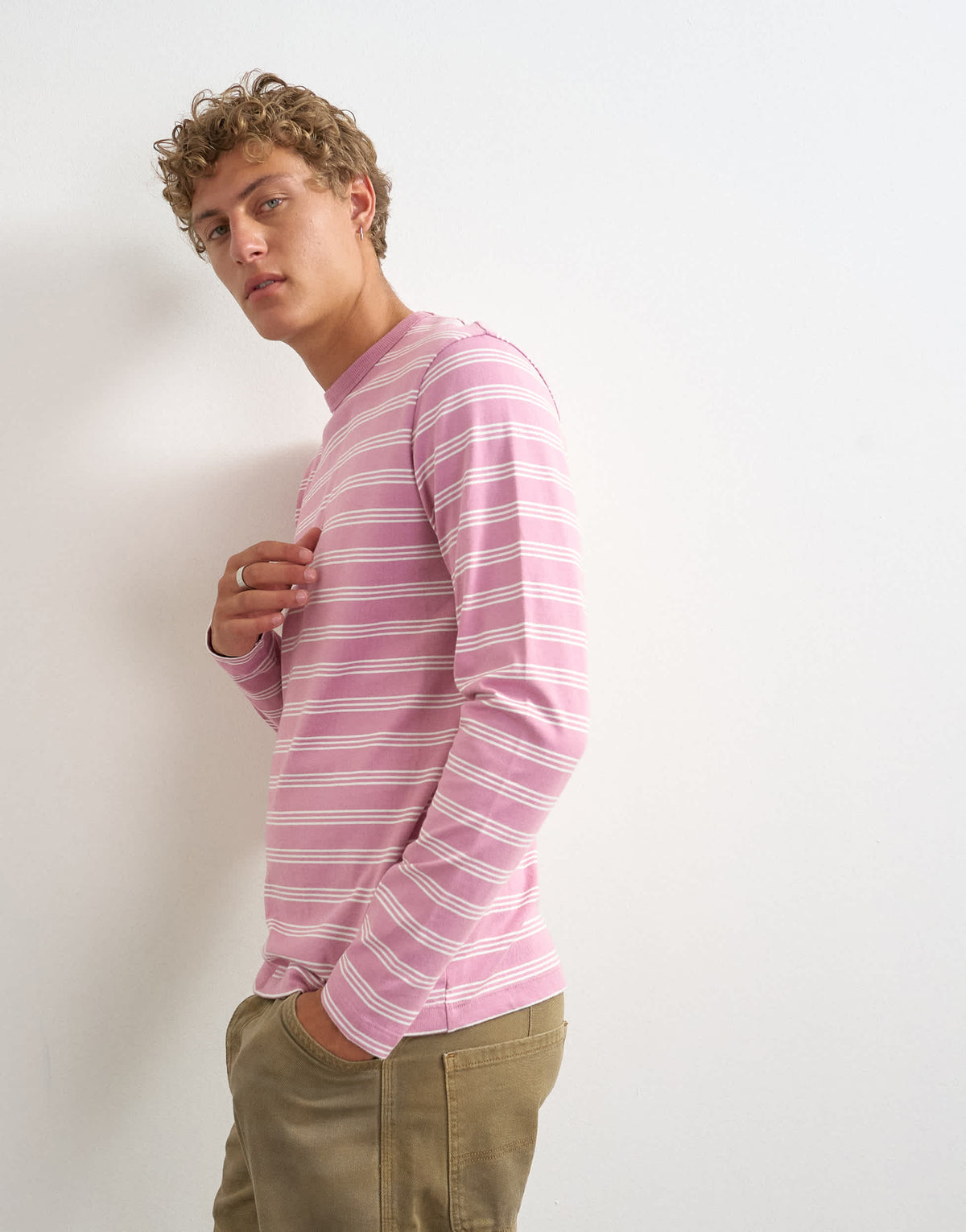 Topman classic fit long sleeve t-shirt with stripe in pink