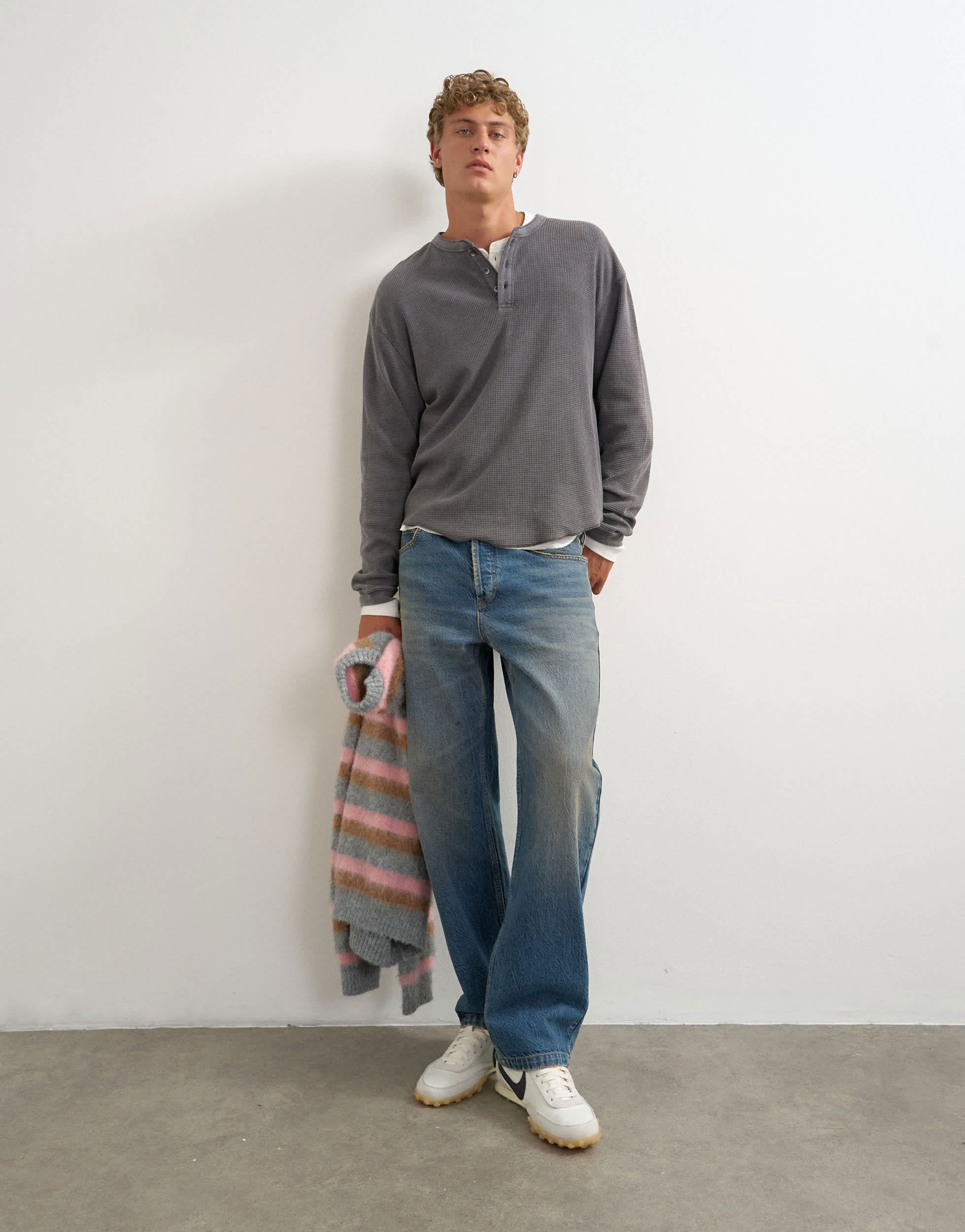 Topman relaxed fit waffle henley with raw hem in washed black