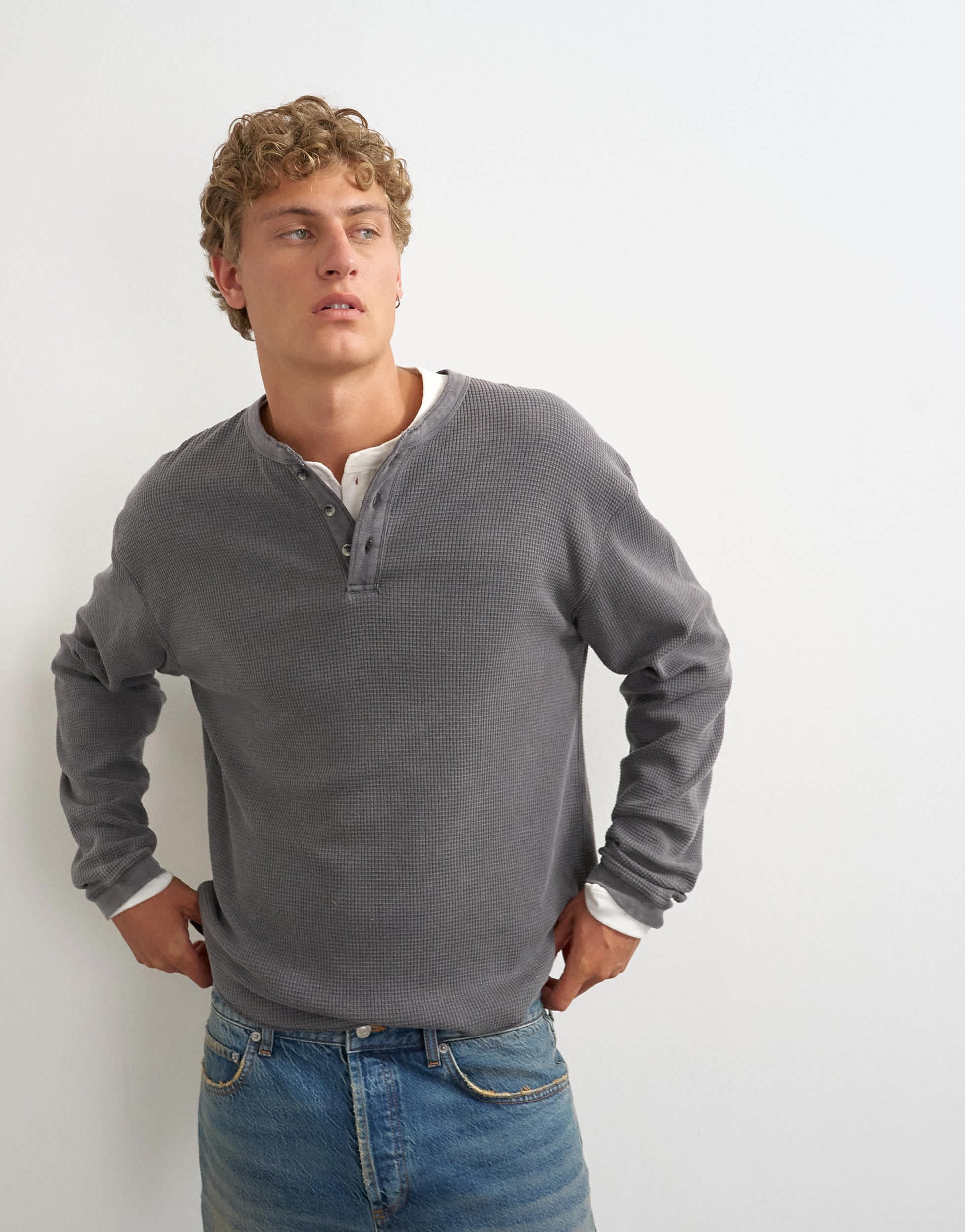 Topman relaxed fit waffle henley with raw hem in washed black