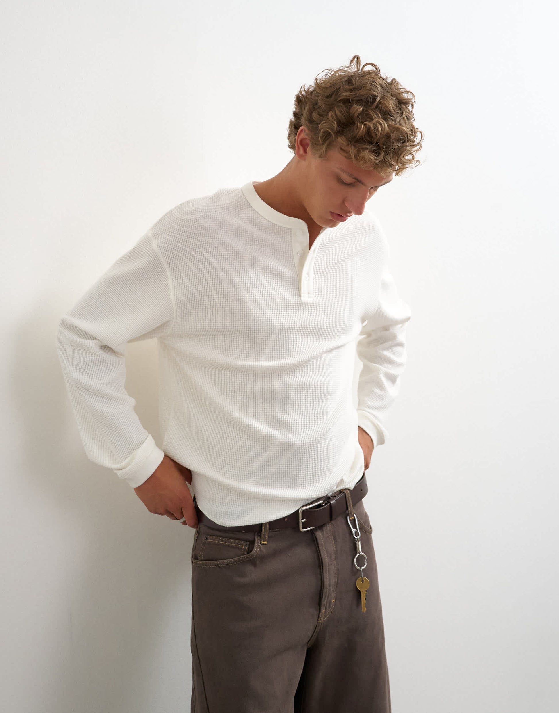 Topman relaxed fit waffle henley with raw hem in washed ecru