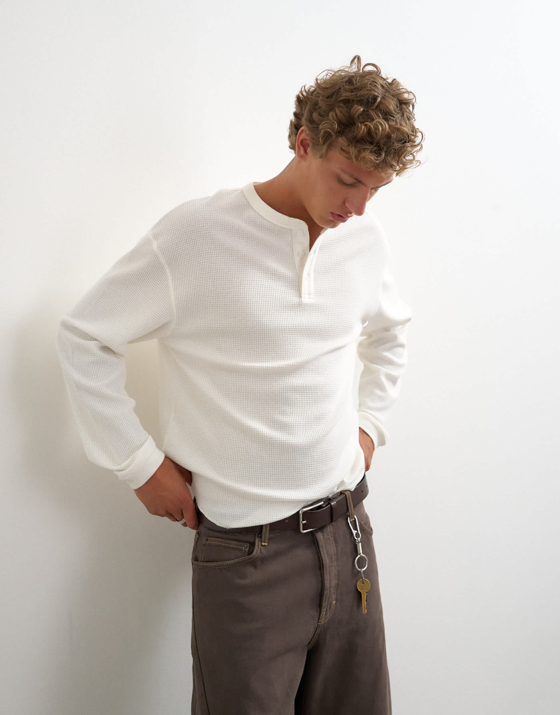 Topman relaxed fit waffle henley with raw hem in washed ecru