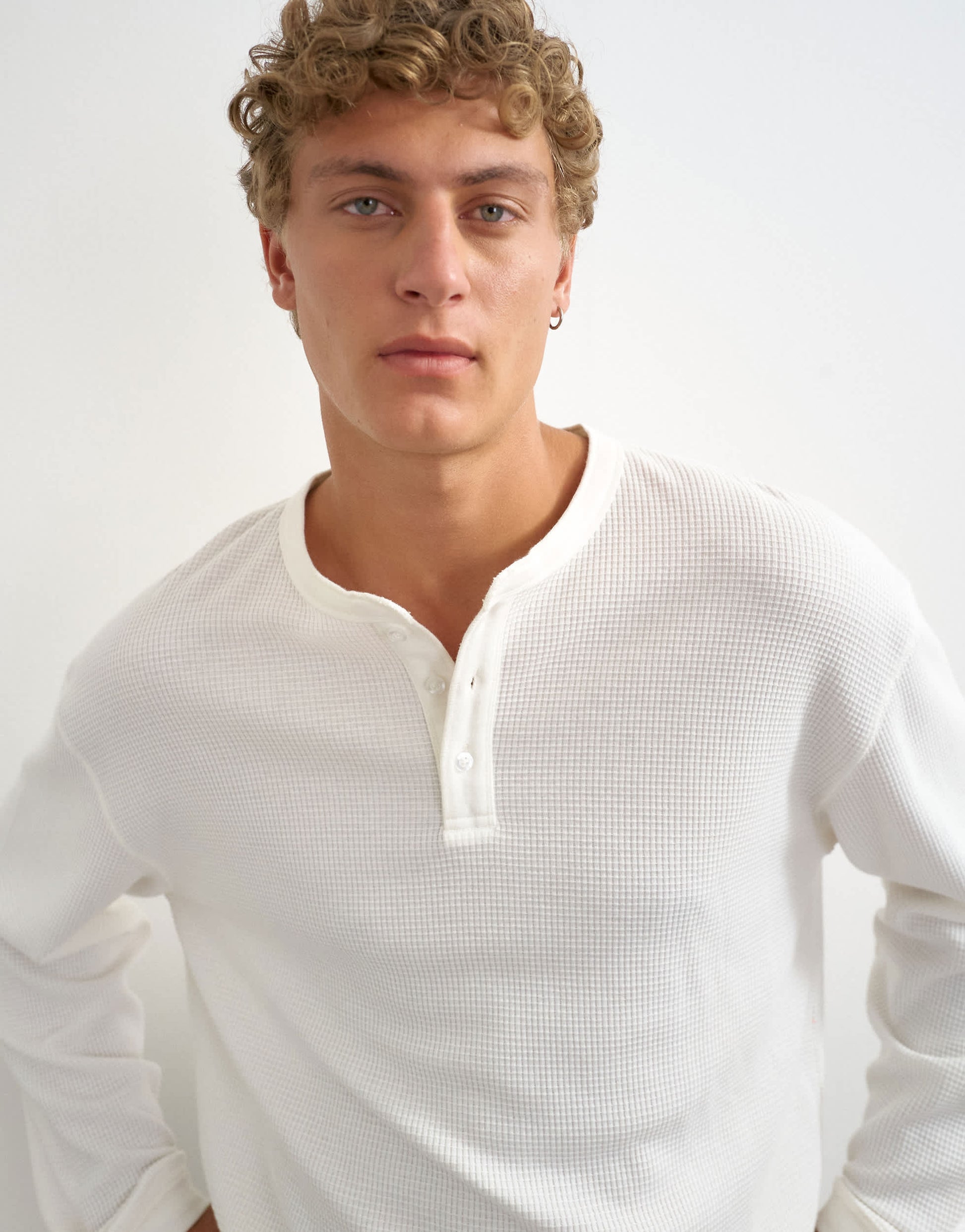 Topman relaxed fit waffle henley with raw hem in washed ecru