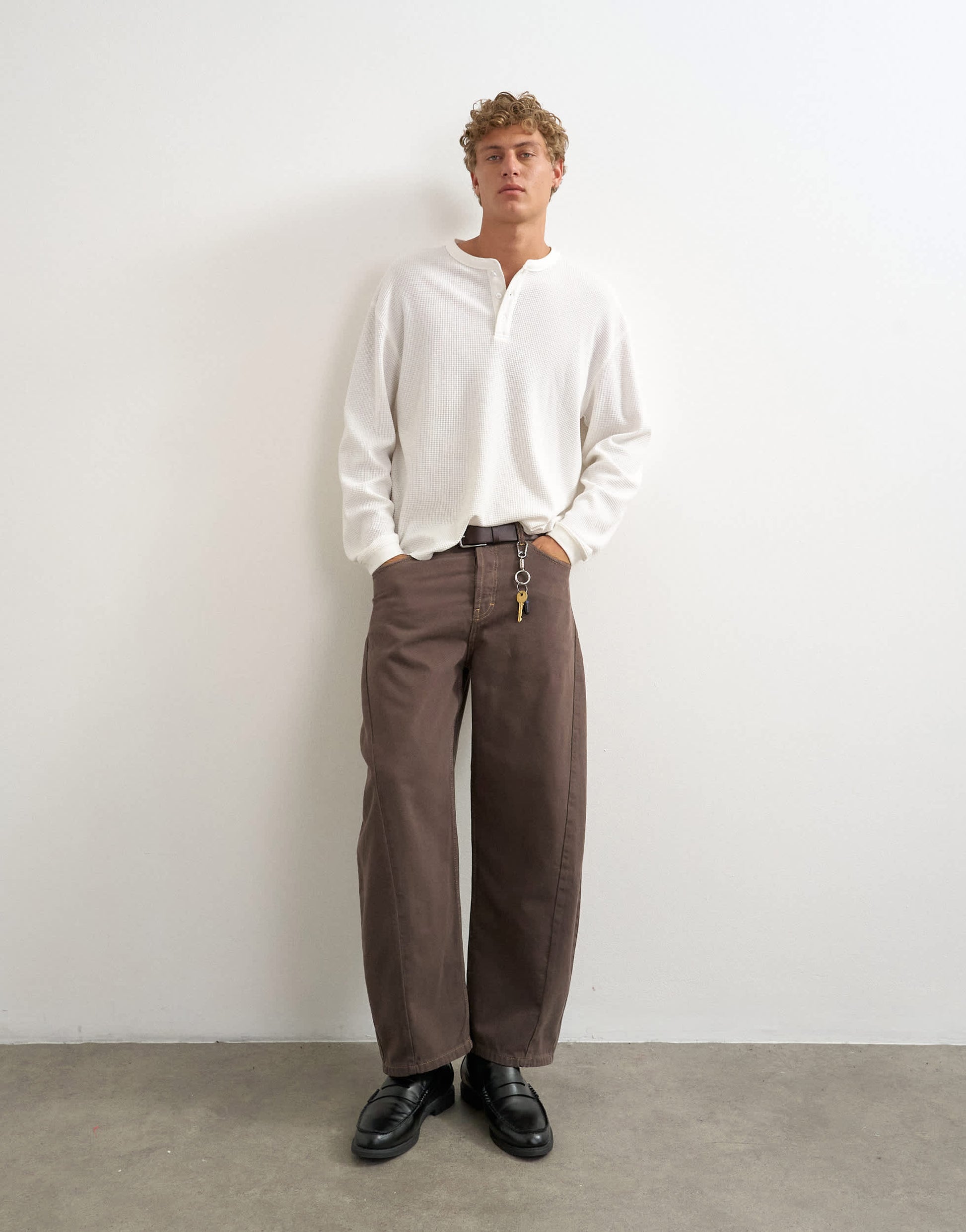 Topman relaxed fit waffle henley with raw hem in washed ecru