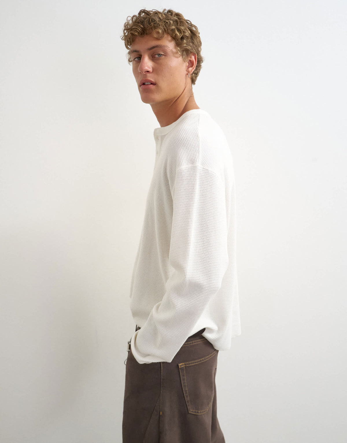 Topman relaxed fit waffle henley with raw hem in washed ecru