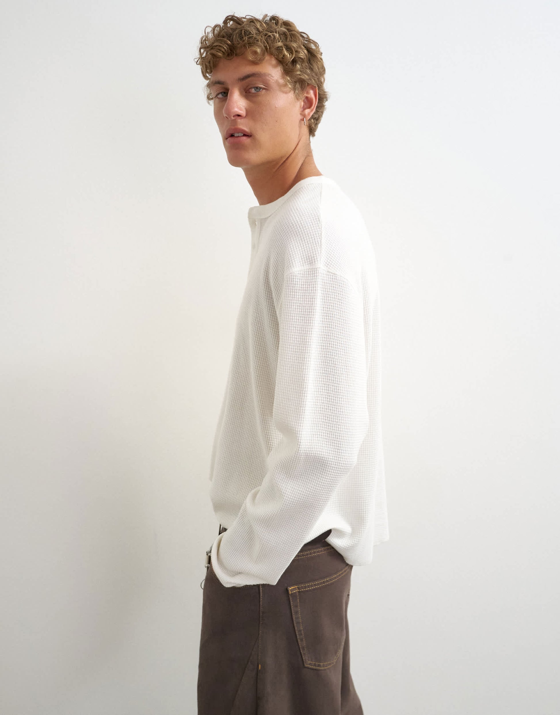 Topman relaxed fit waffle henley with raw hem in washed ecru