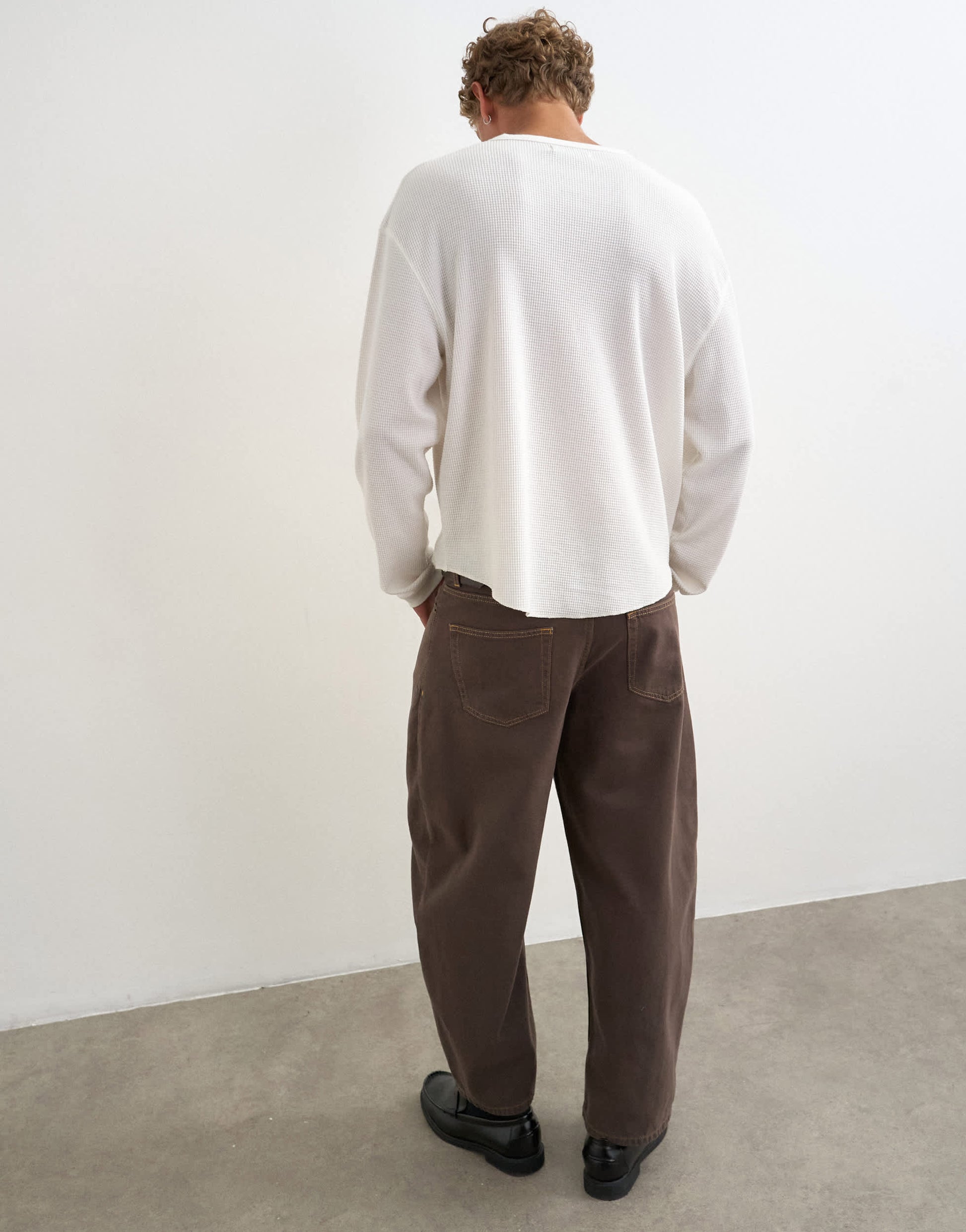 Topman relaxed fit waffle henley with raw hem in washed ecru