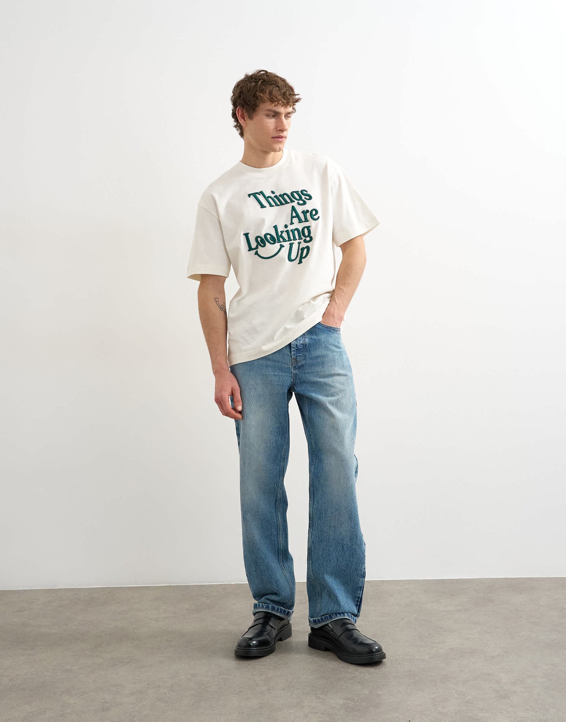 Topman relaxed fit t-shirt with things are looking up embroidery in ecru