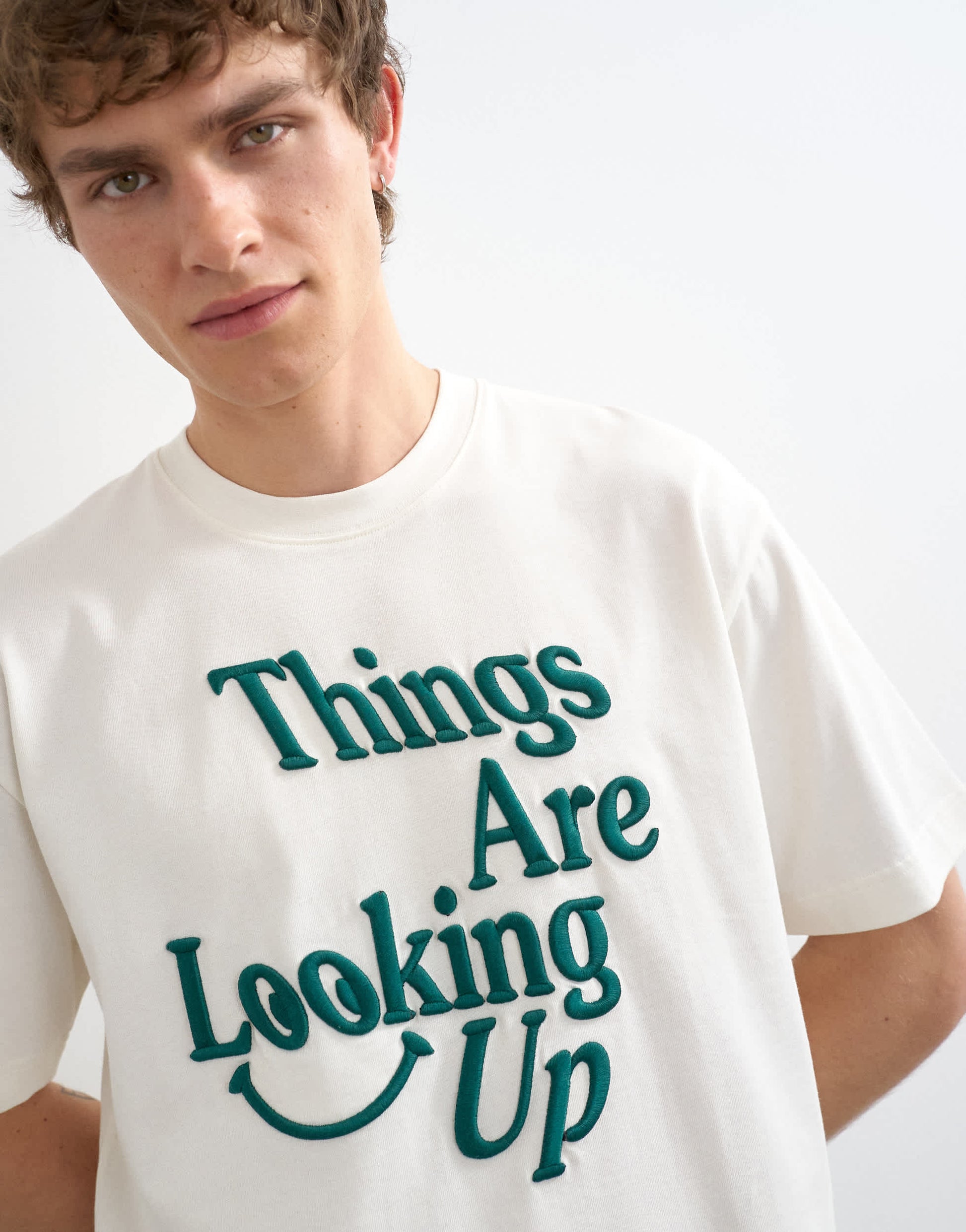 Topman relaxed fit t-shirt with things are looking up embroidery in ecru