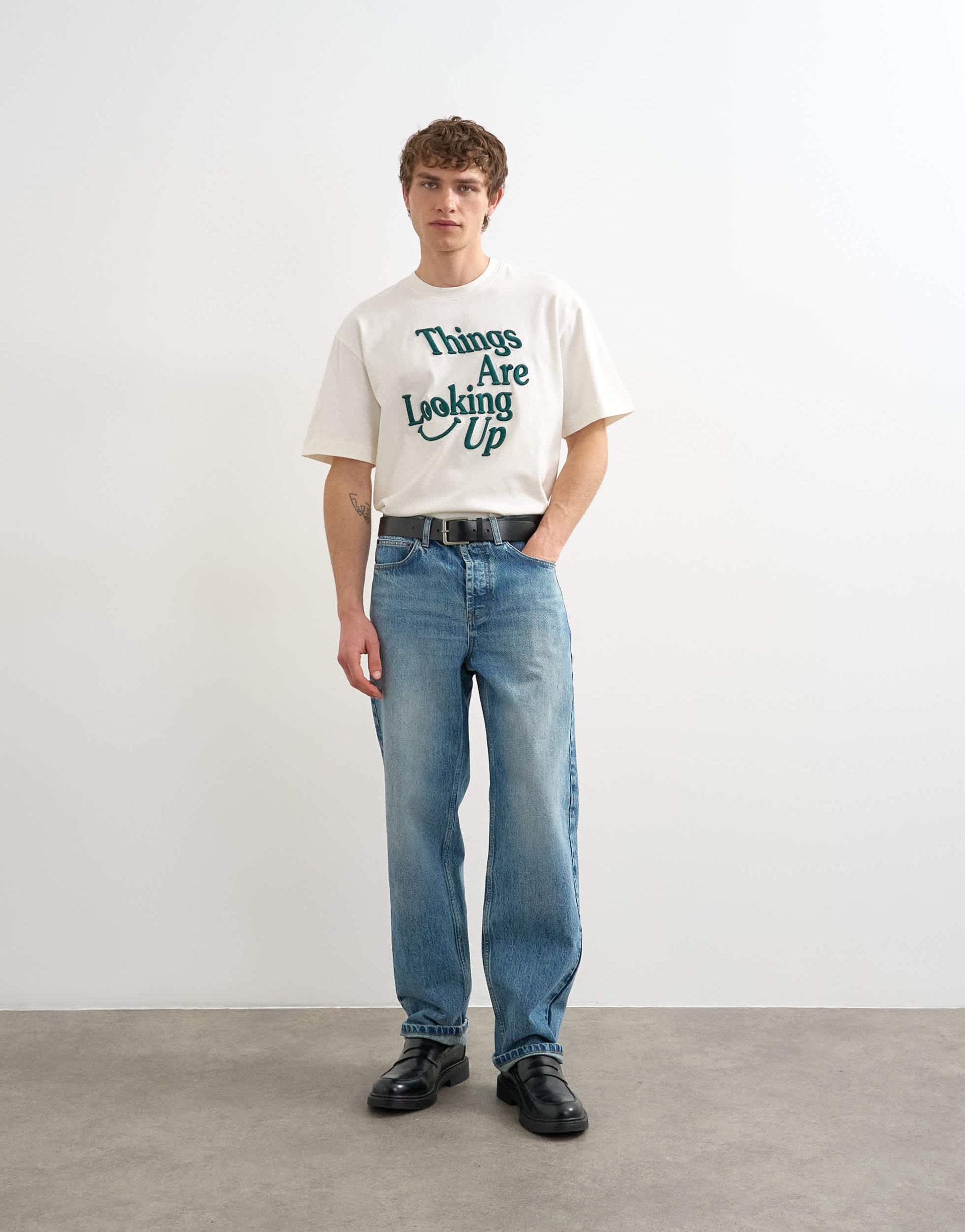 Topman relaxed fit t-shirt with things are looking up embroidery in ecru