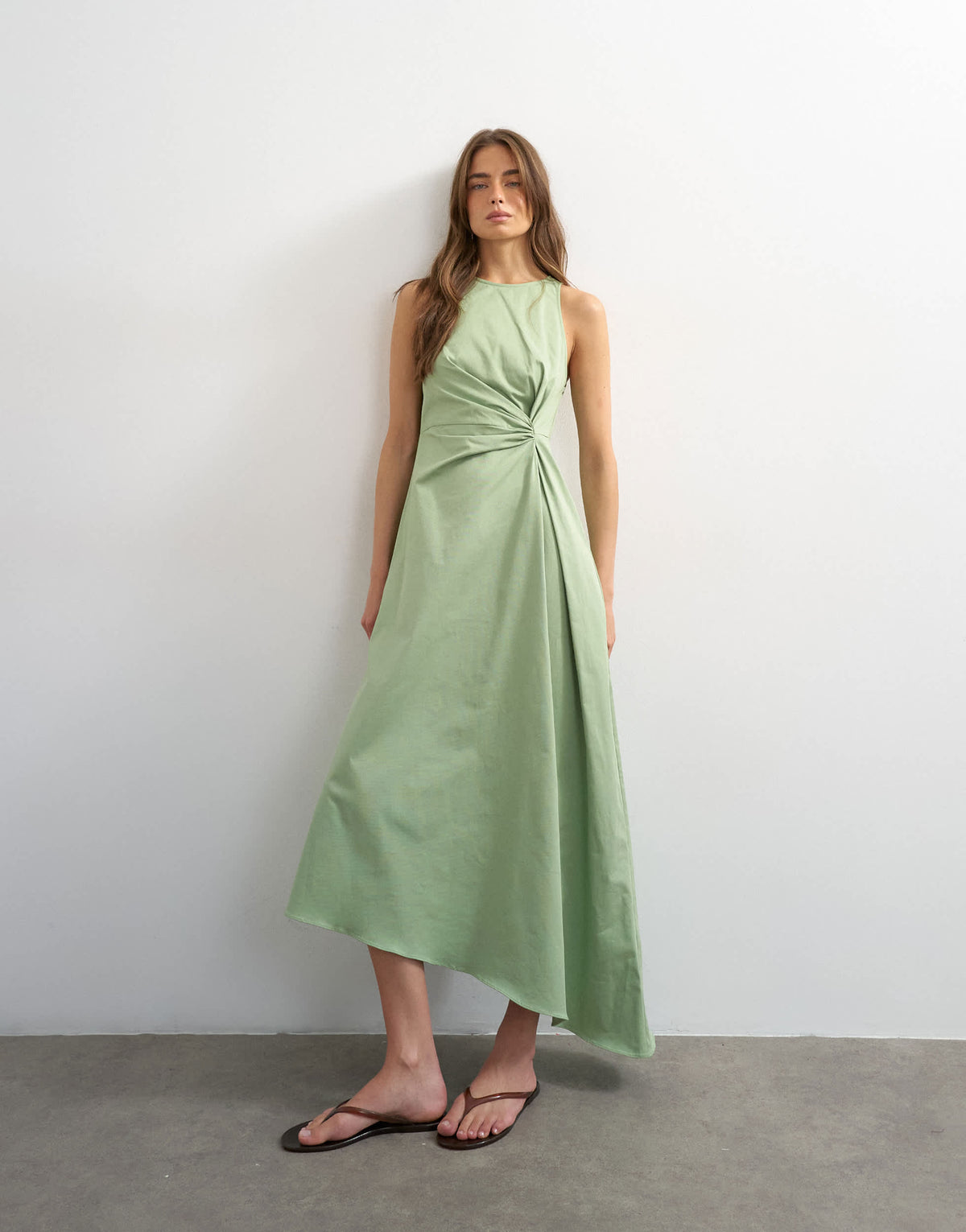 Topshop cotton twill racer neck maxi dress with tuck side detail in sage green