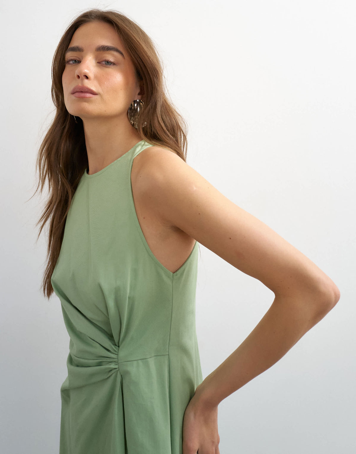 Topshop cotton twill racer neck maxi dress with tuck side detail in sage green