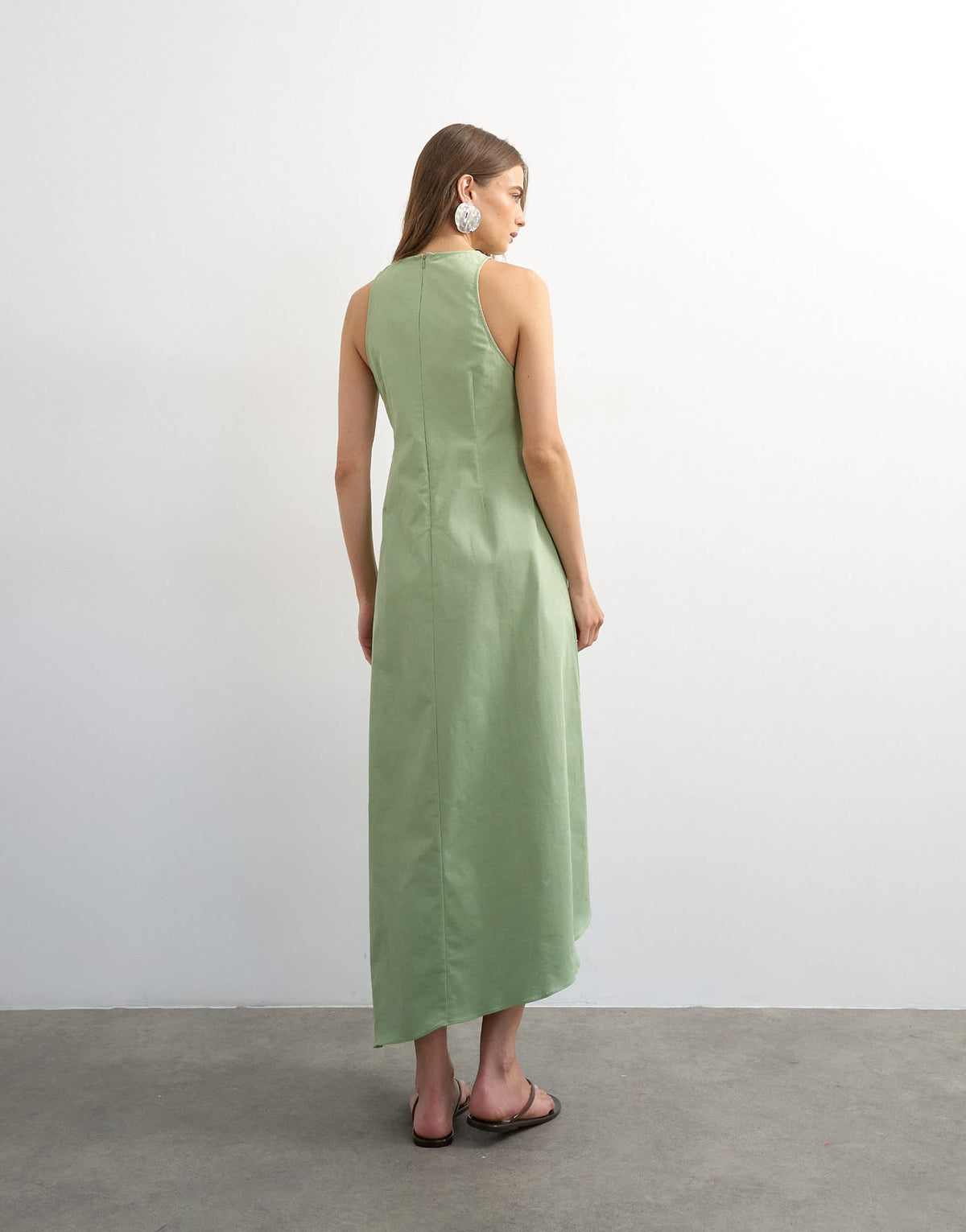 Topshop cotton twill racer neck maxi dress with tuck side detail in sage green