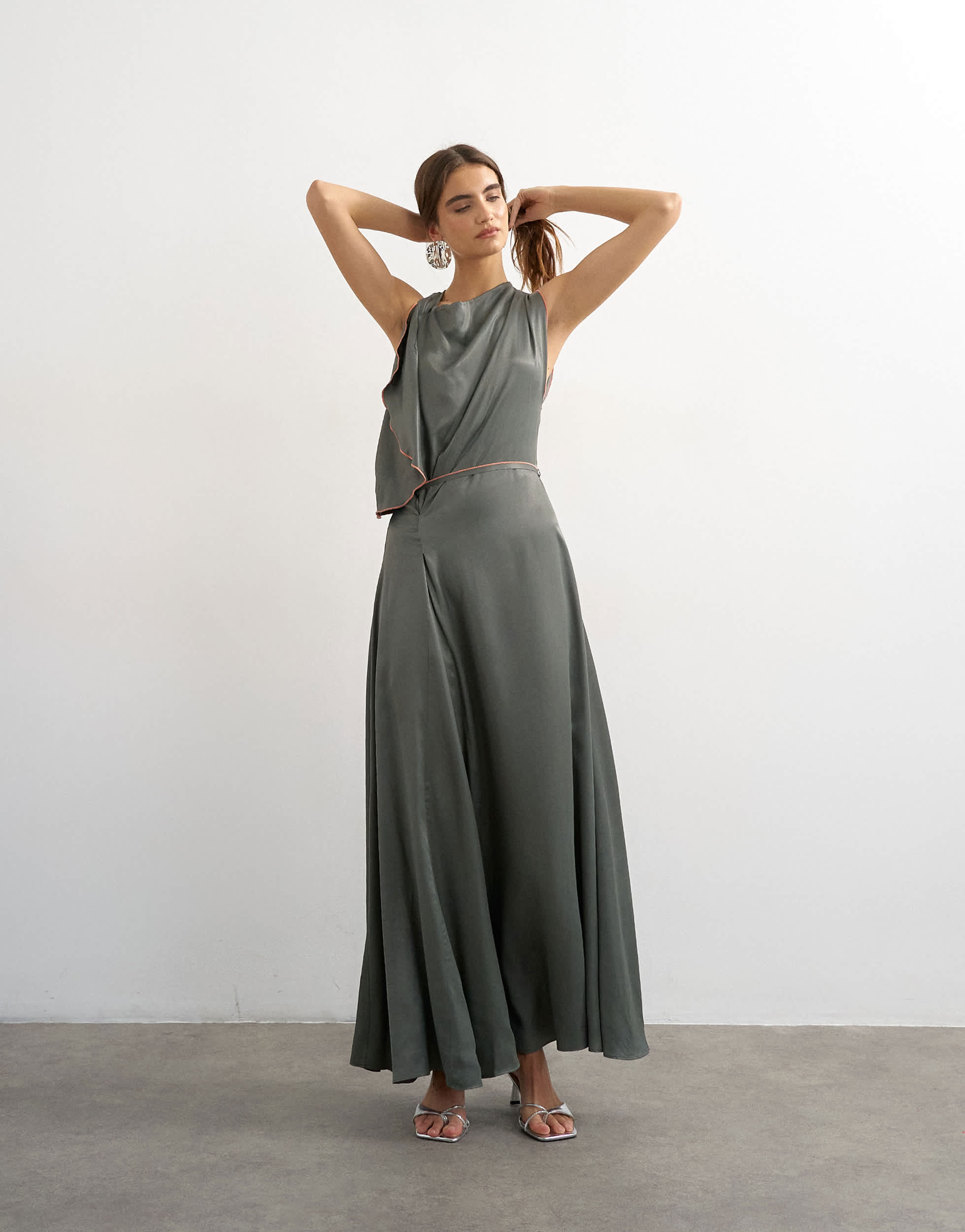 Topshop satin high cowl neck asymmetric maxi dress with peach contrast trim in petrol