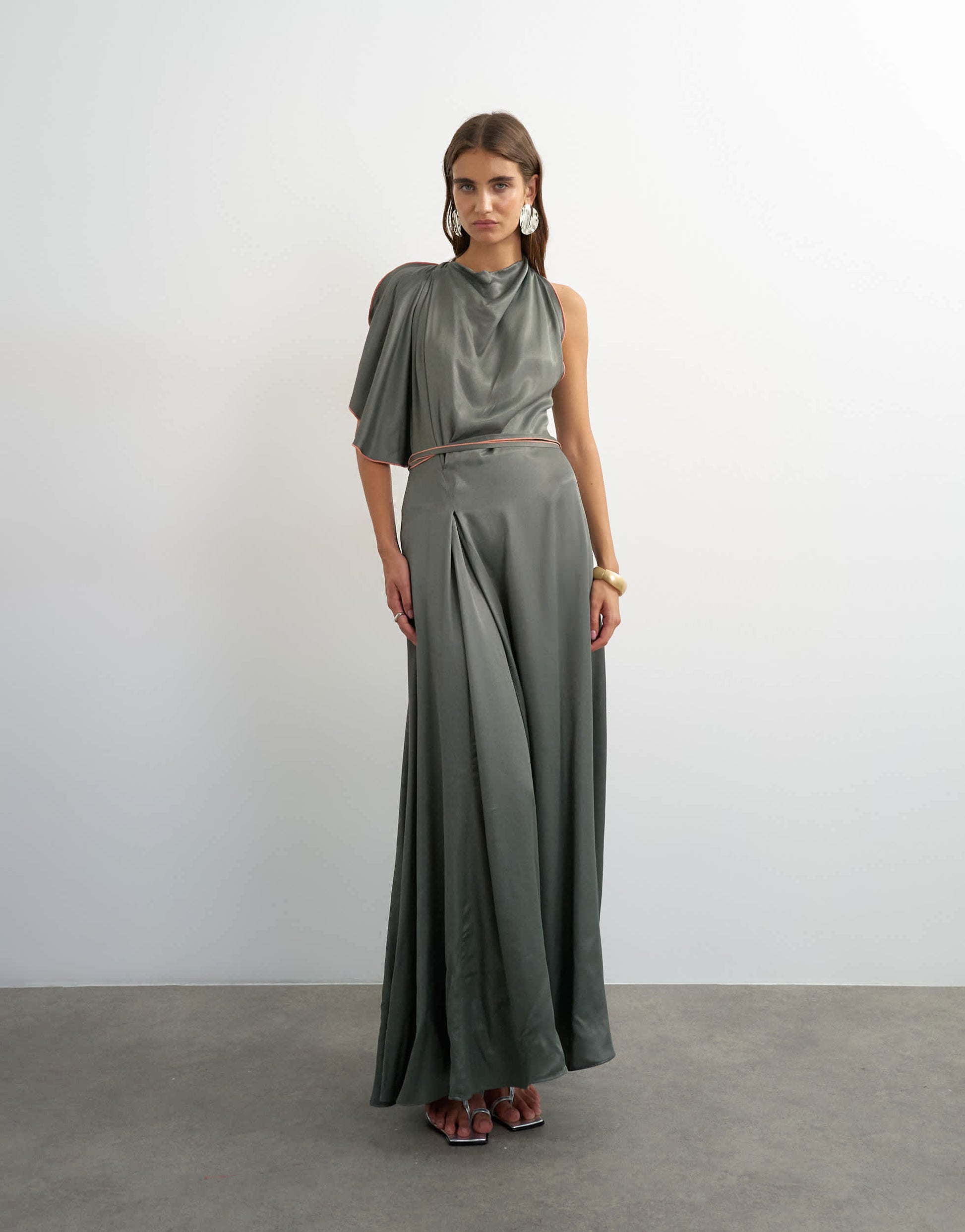 Topshop satin high cowl neck asymmetric maxi dress with peach contrast trim in petrol