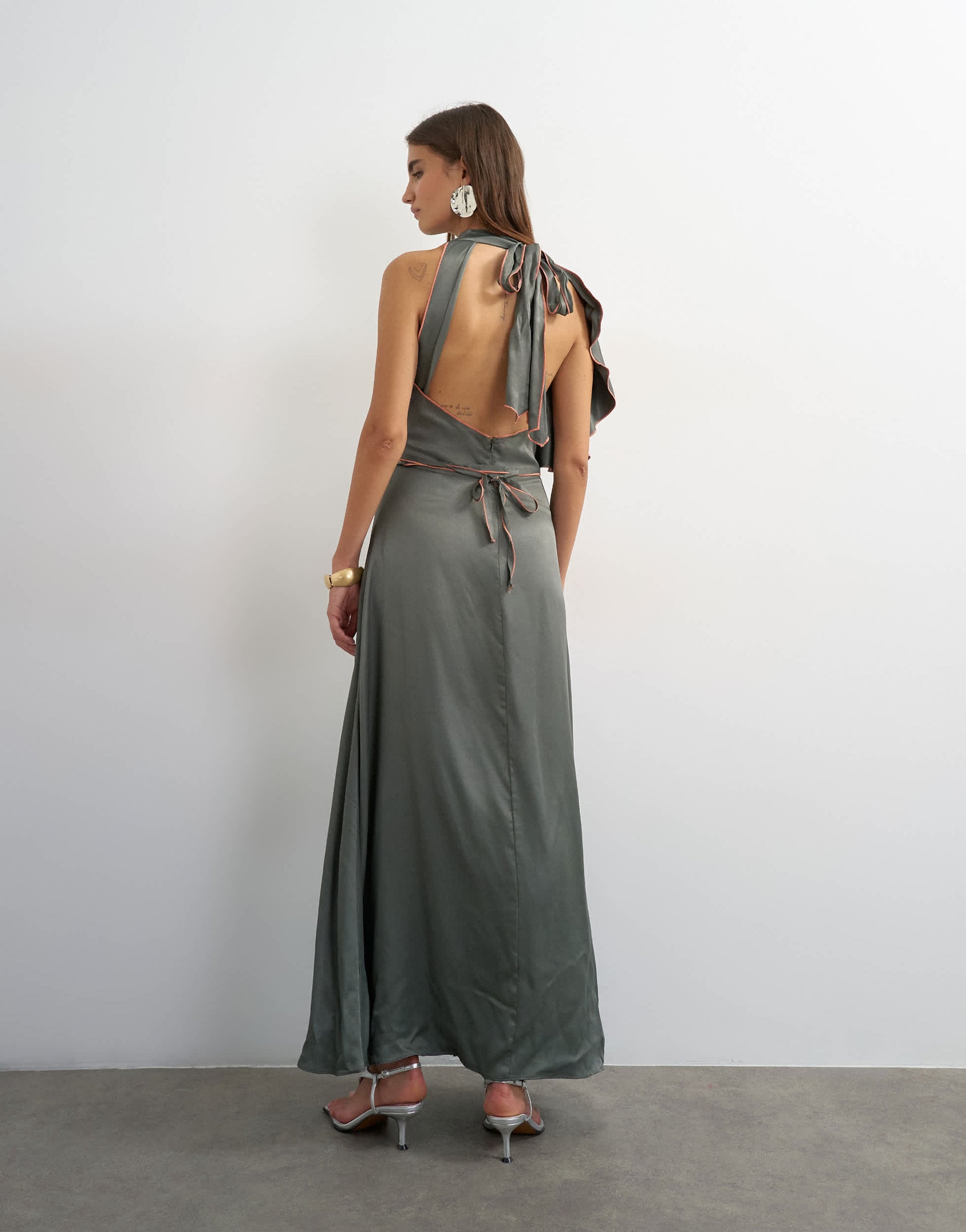 Topshop satin high cowl neck asymmetric maxi dress with peach contrast trim in petrol