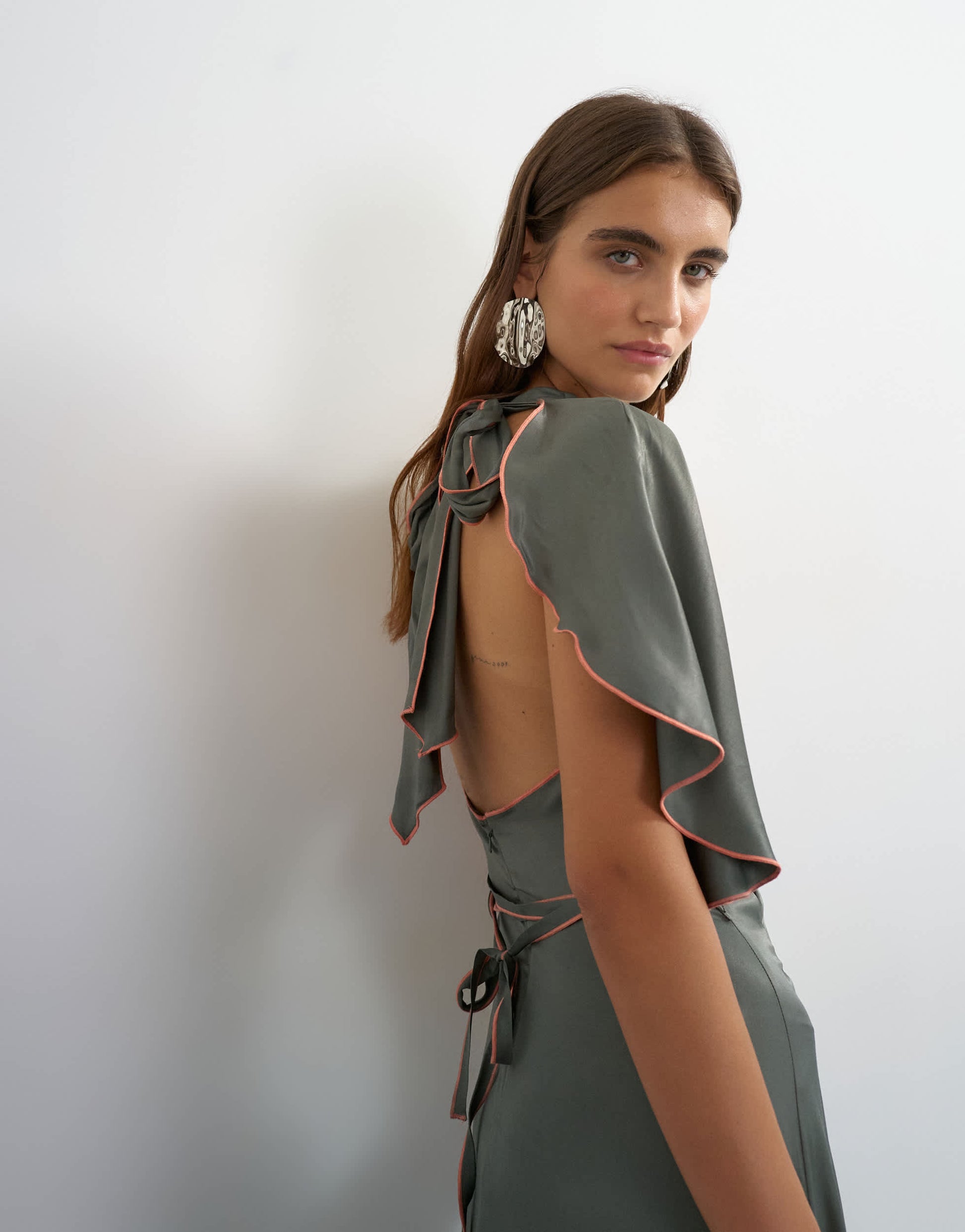 Topshop satin high cowl neck asymmetric maxi dress with peach contrast trim in petrol