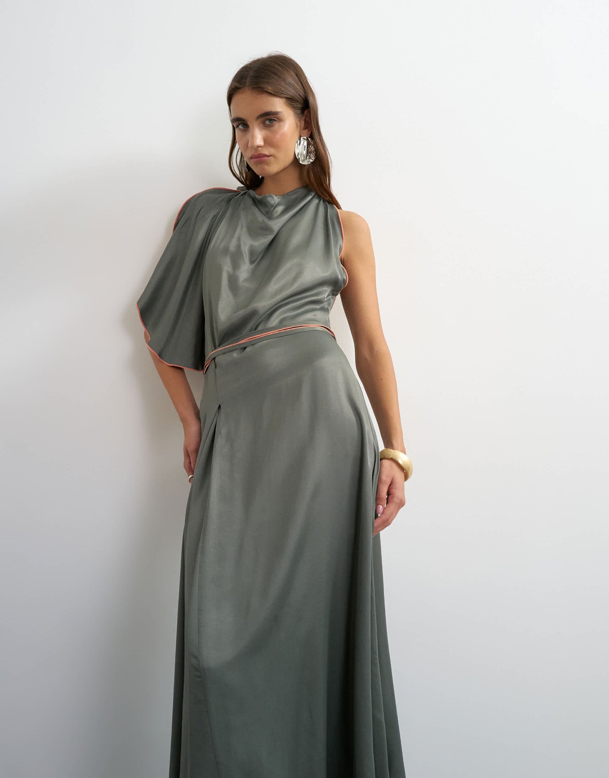 Topshop satin high cowl neck asymmetric maxi dress with peach contrast trim in petrol