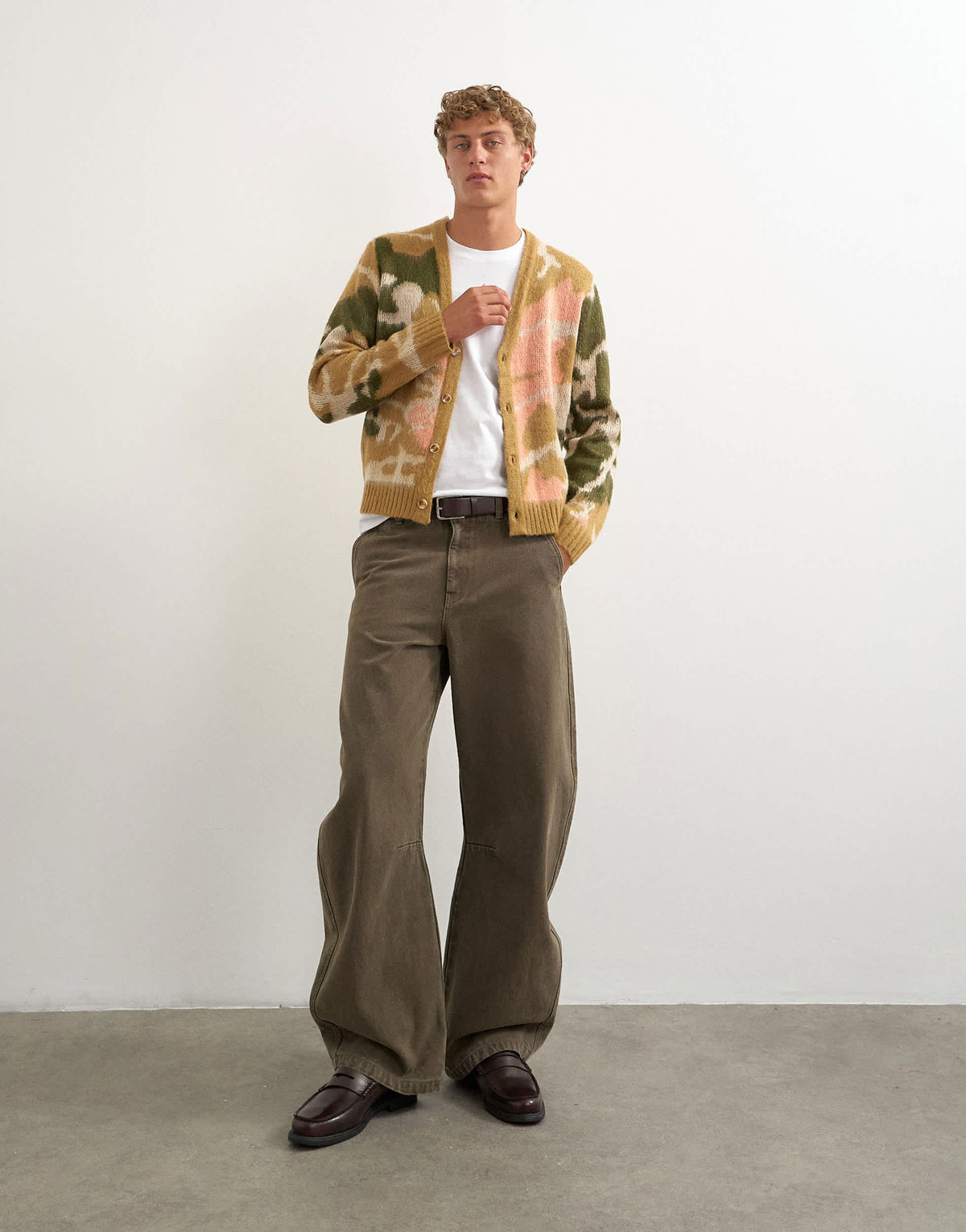 Topman classic fit knit cardigan with abstract camo design in stone