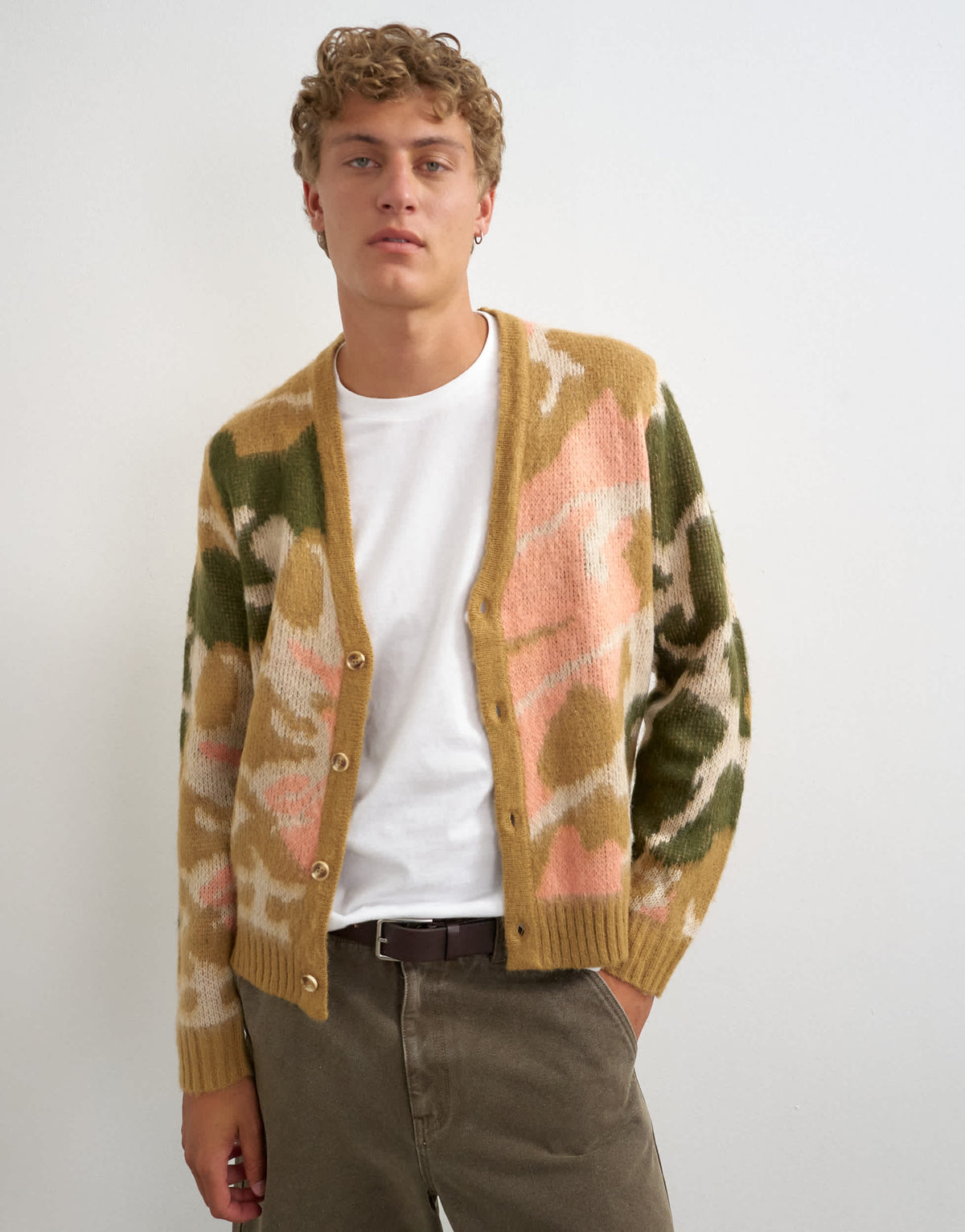 Topman classic fit knit cardigan with abstract camo design in stone