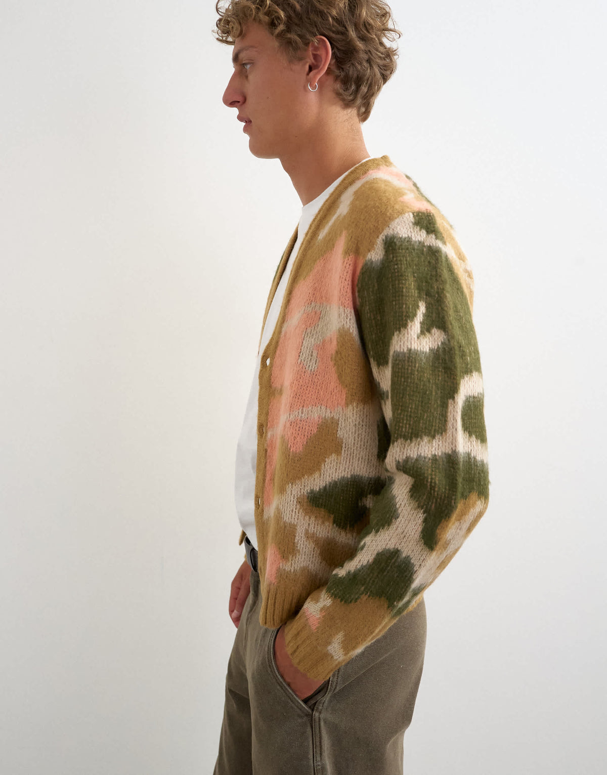 Topman classic fit knit cardigan with abstract camo design in stone