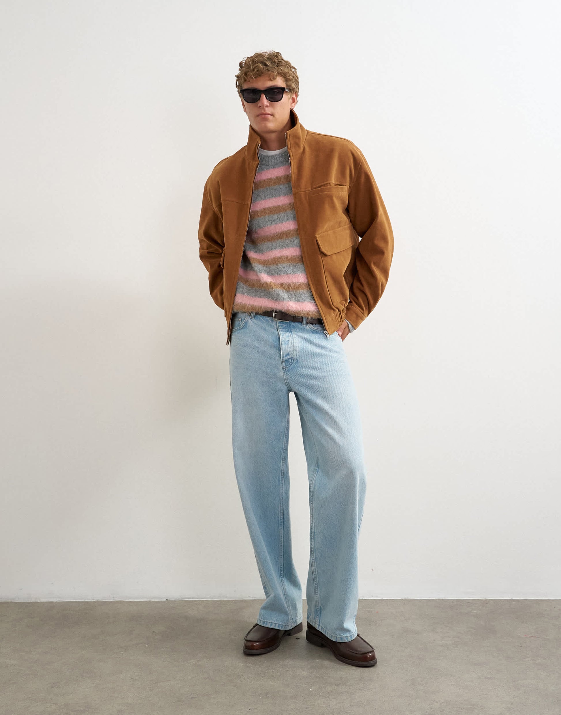 Topman relaxed fit faux suede funnel neck bomber with double zip in tan