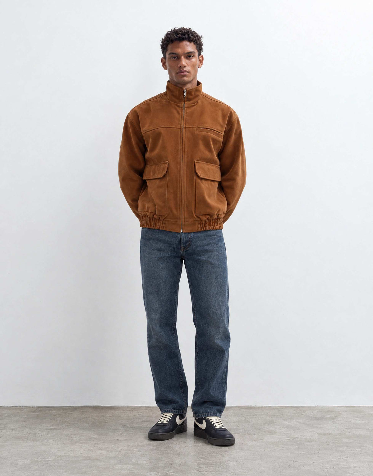 Topman relaxed fit faux suede funnel neck bomber with double zip in tan