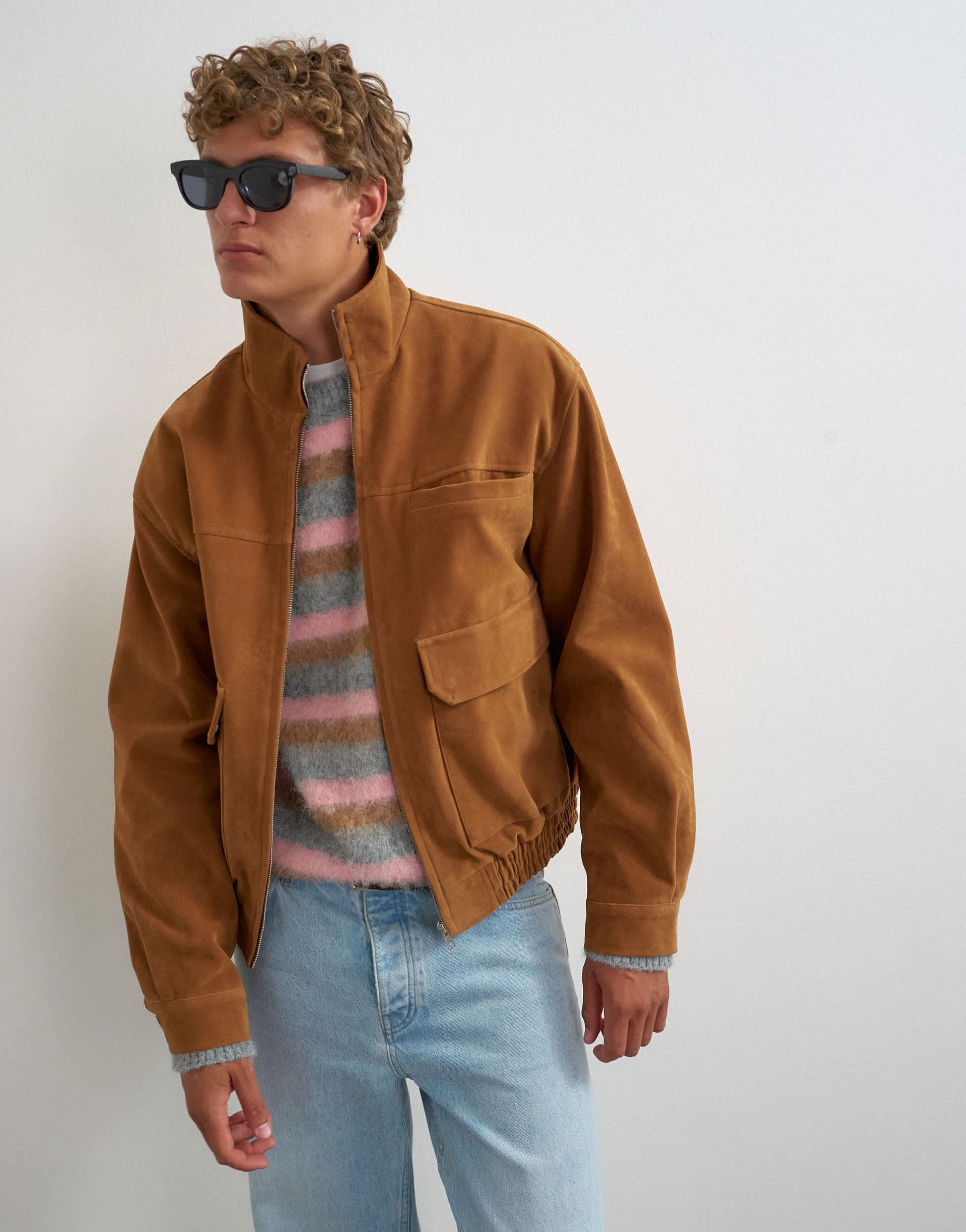 Topman relaxed fit faux suede funnel neck bomber with double zip in tan
