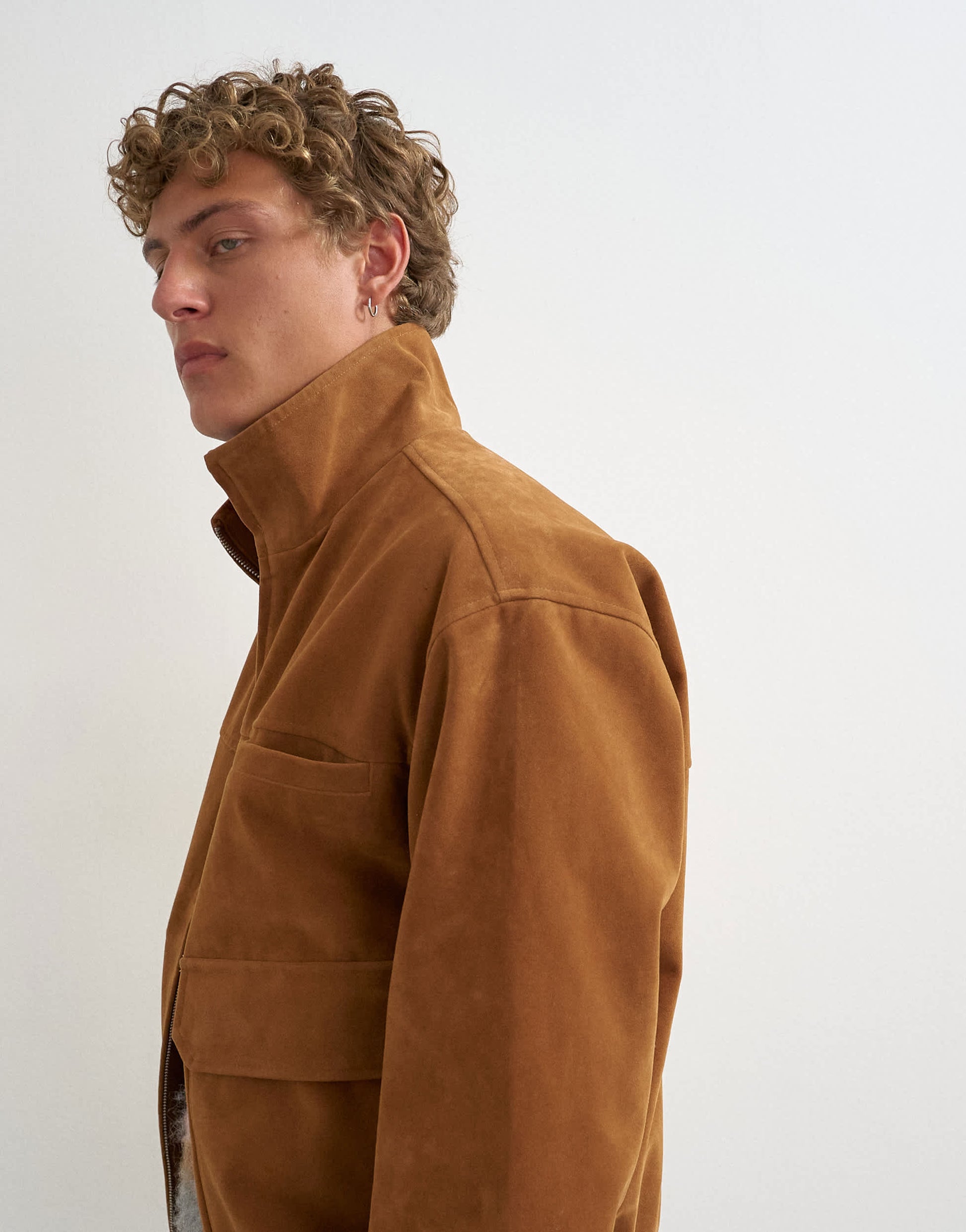Topman relaxed fit faux suede funnel neck bomber with double zip in tan