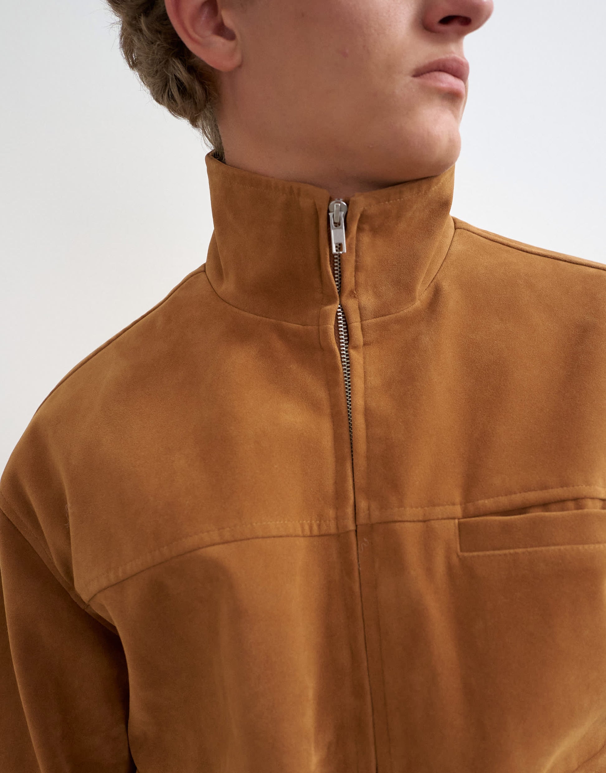 Topman relaxed fit faux suede funnel neck bomber with double zip in tan