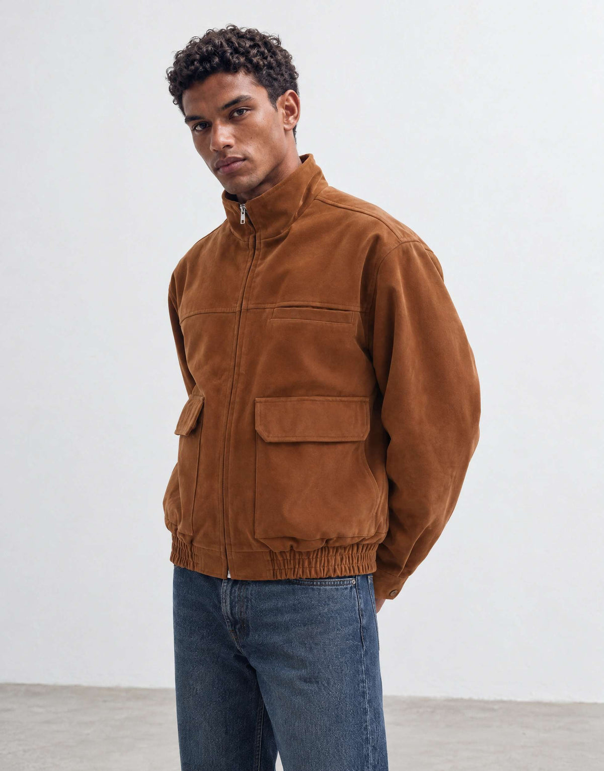 Topman relaxed fit faux suede funnel neck bomber with double zip in tan