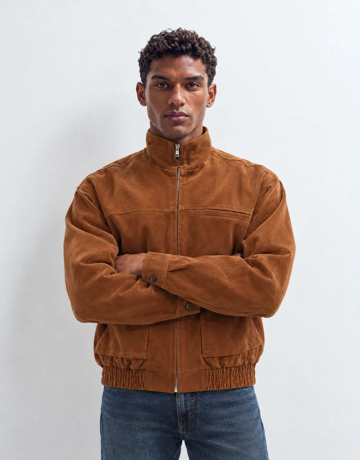 Topman relaxed fit faux suede funnel neck bomber with double zip in tan