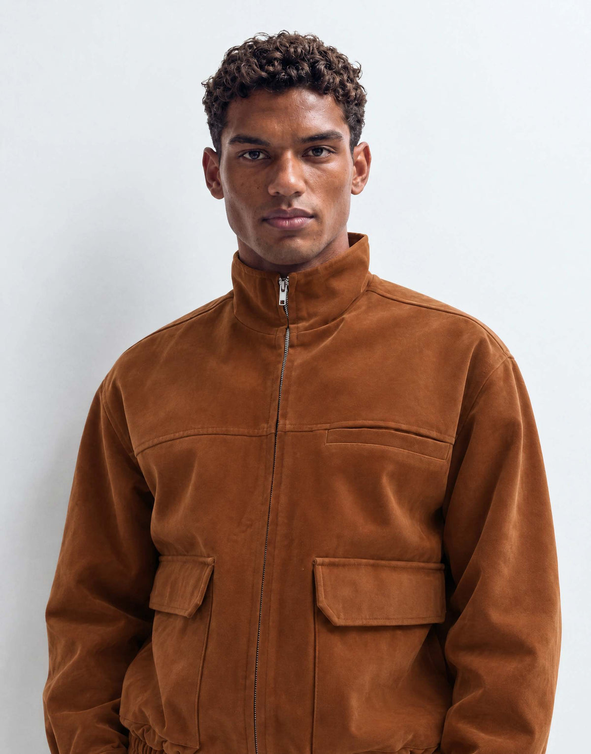 Topman relaxed fit faux suede funnel neck bomber with double zip in tan