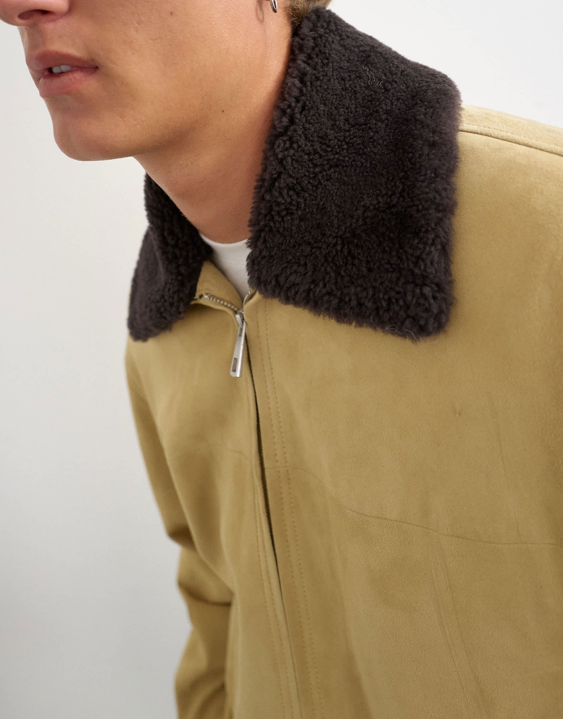 Topman oversized fit real suede jacket with shearling collar in butter yellow