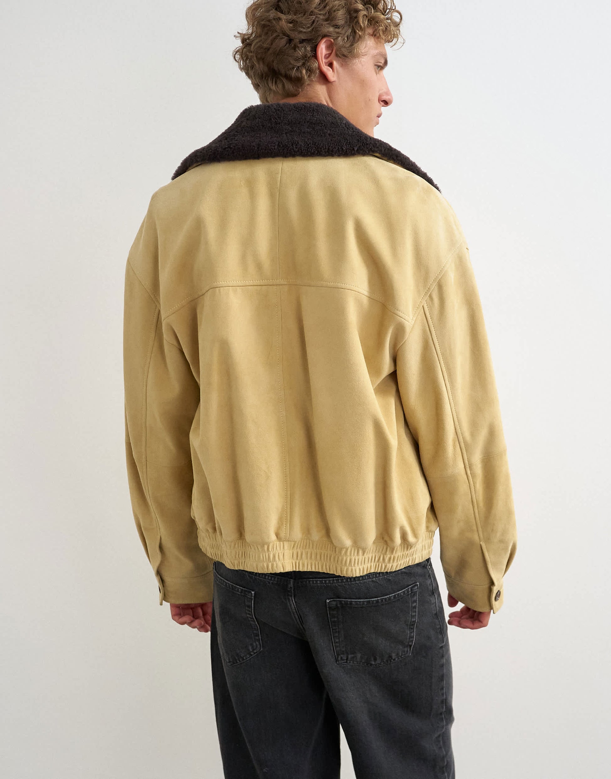 Topman oversized fit real suede jacket with shearling collar in butter yellow