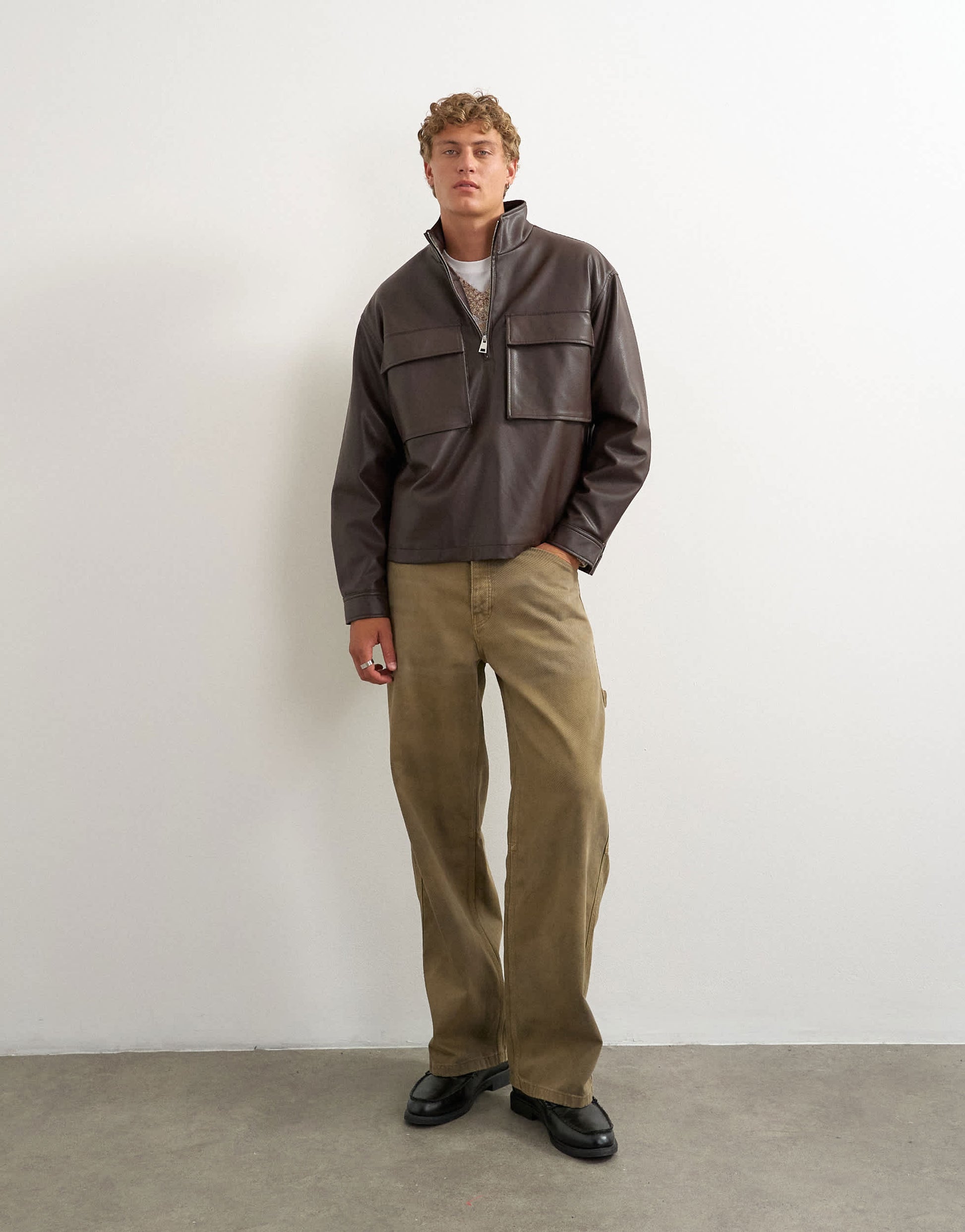 Topman oversized fit faux leather 1/4 zip funnel neck jacket in brown