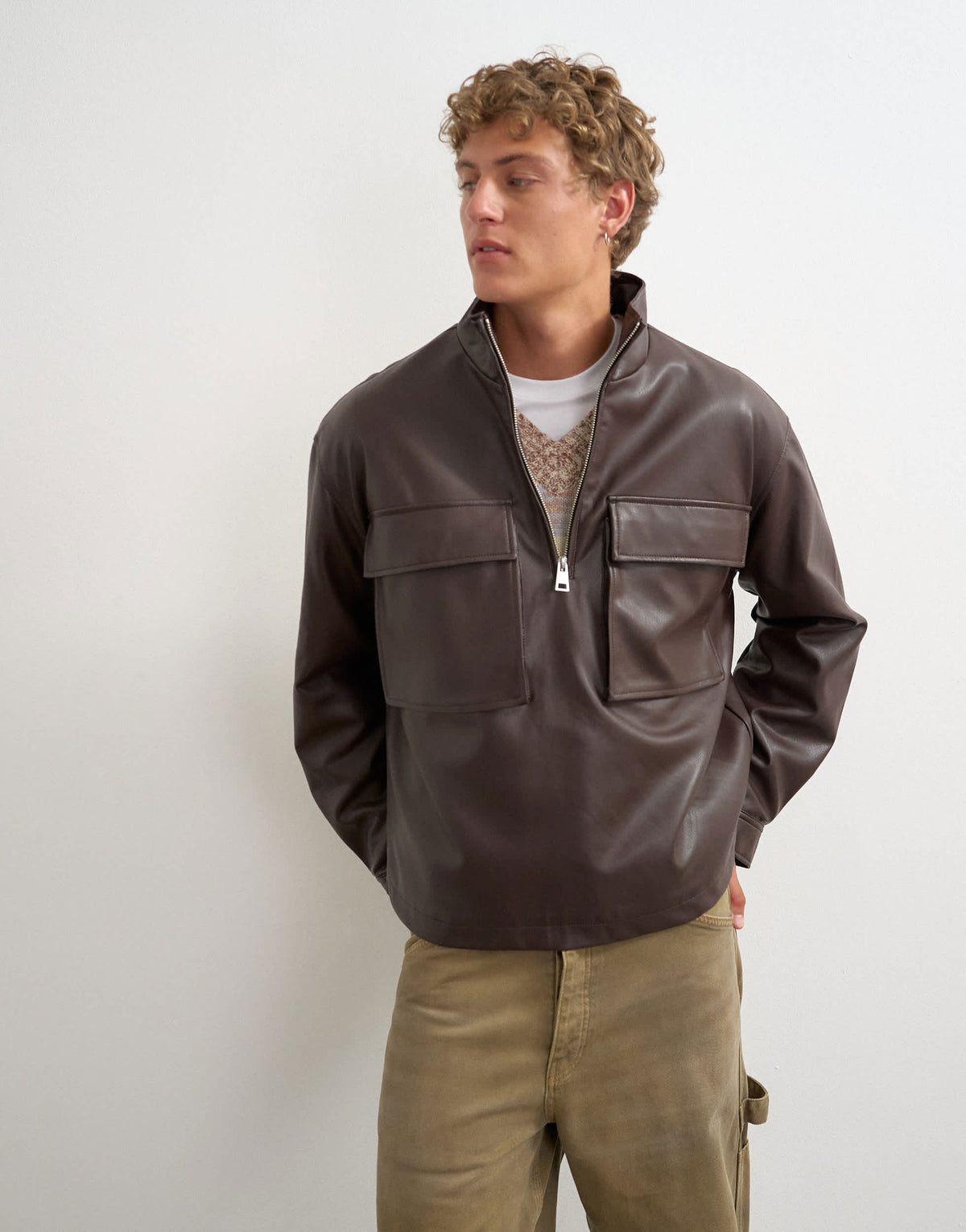 Topman oversized fit faux leather 1/4 zip funnel neck jacket in brown