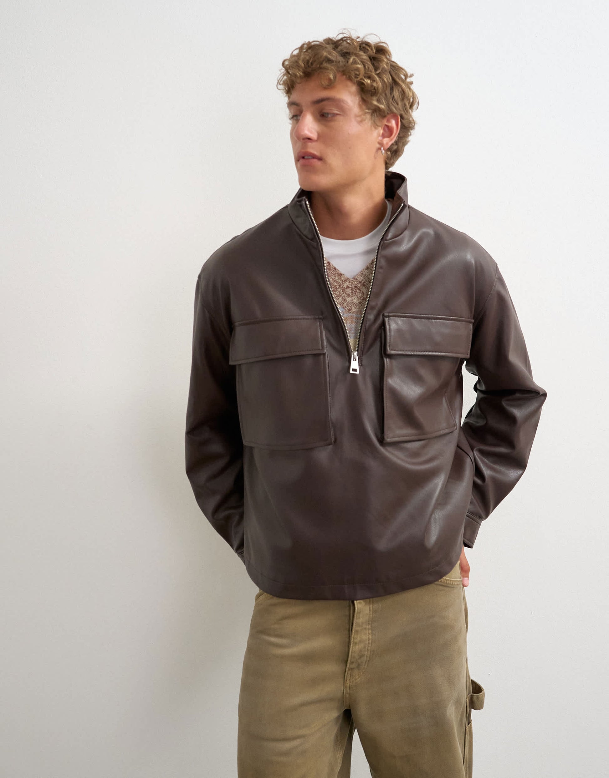 Topman oversized fit faux leather 1/4 zip funnel neck jacket in brown